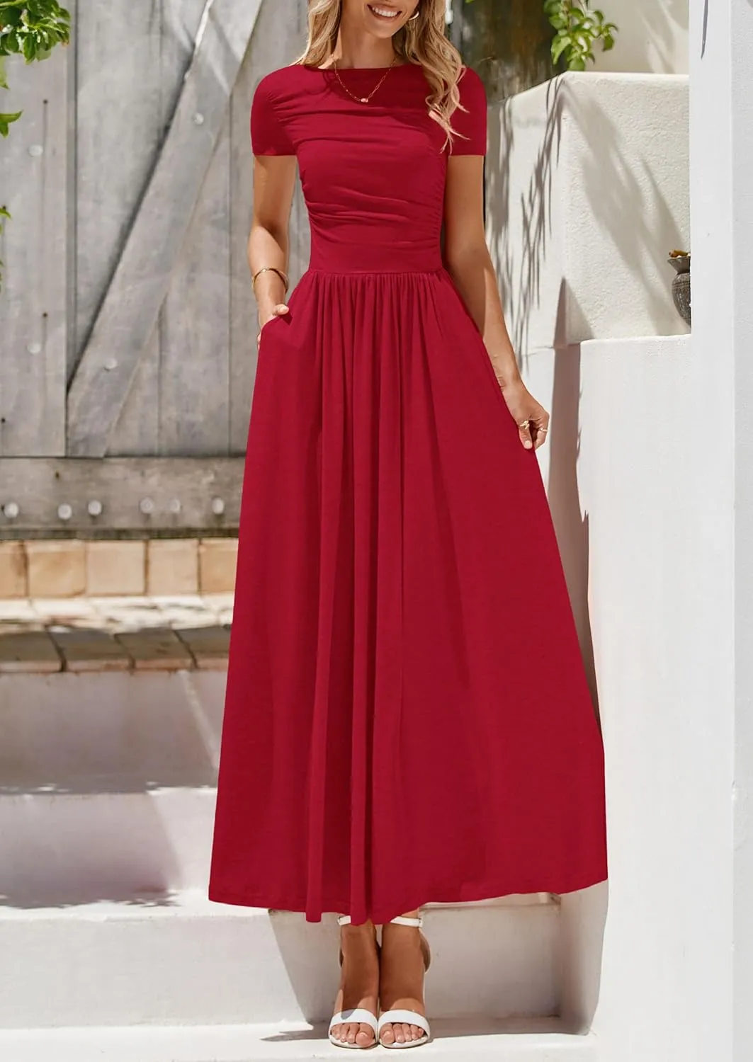 PRETTYGARDEN Women's Casual Dresses 2025 Summer Short Sleeve Ruched Patchwork A Line Pleated Swing Maxi Dress with Pockets