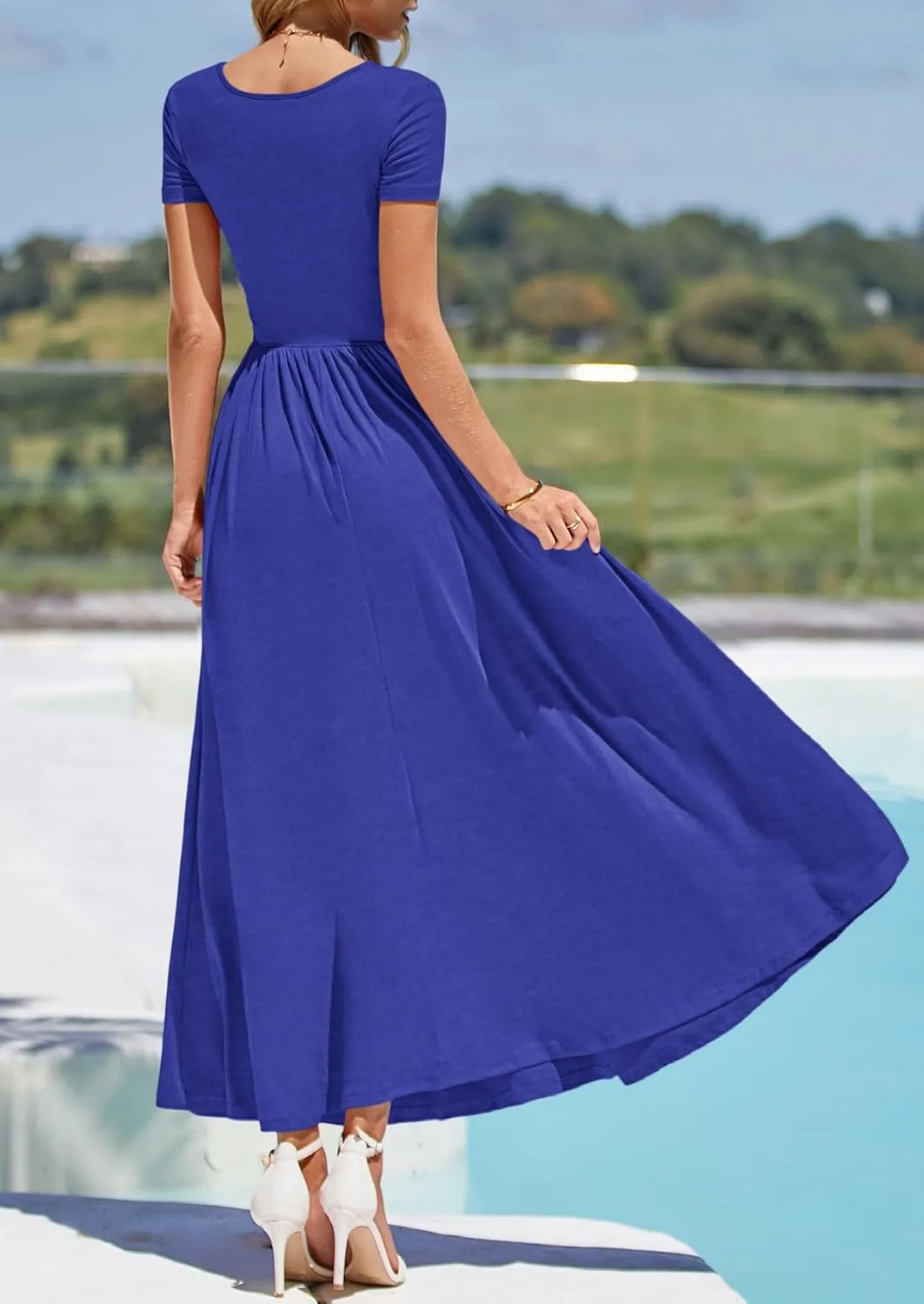 PRETTYGARDEN Women's Casual Dresses 2025 Summer Short Sleeve Ruched Patchwork A Line Pleated Swing Maxi Dress with Pockets