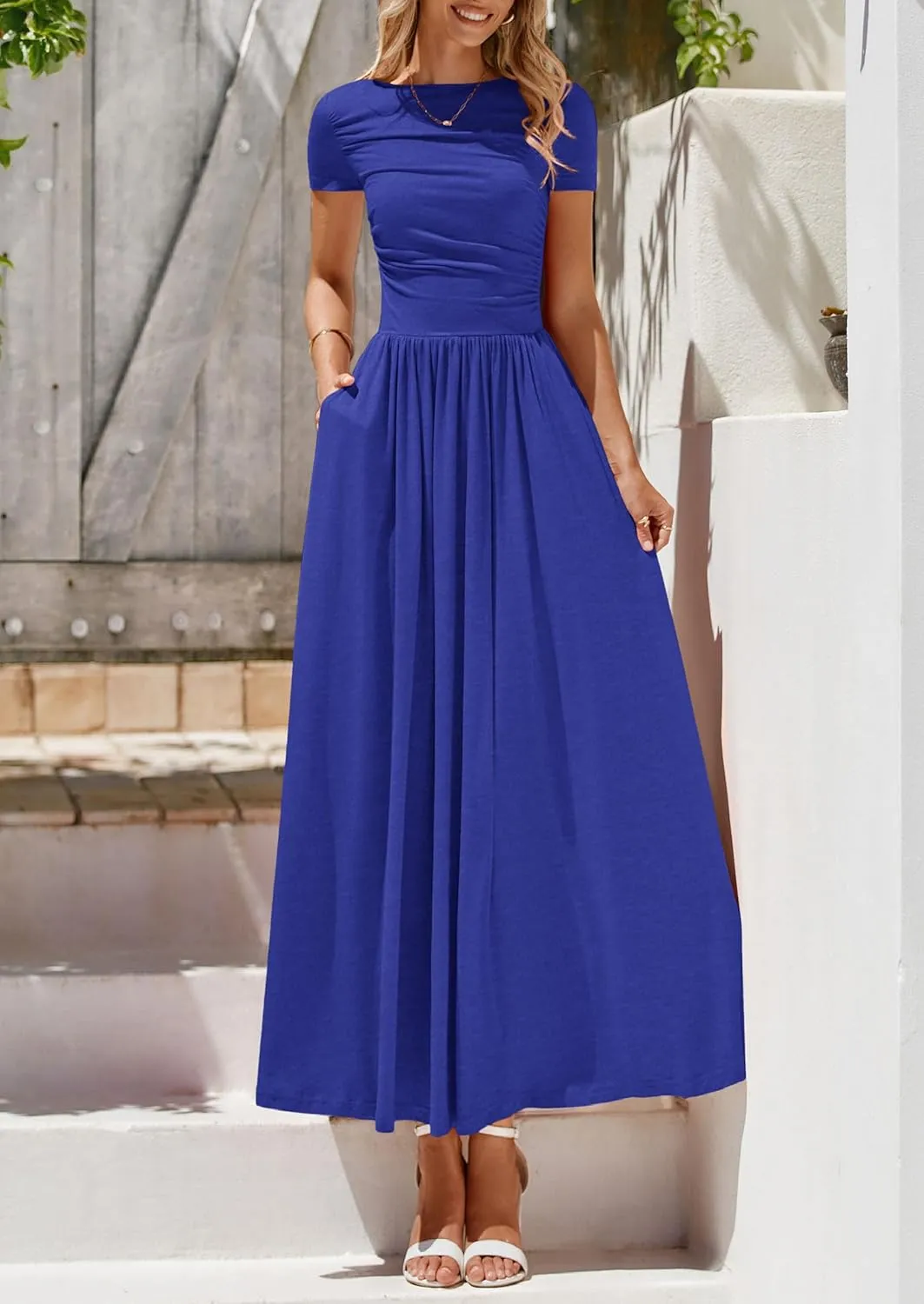 PRETTYGARDEN Women's Casual Dresses 2025 Summer Short Sleeve Ruched Patchwork A Line Pleated Swing Maxi Dress with Pockets