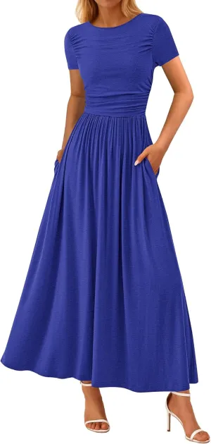 PRETTYGARDEN Women's Casual Dresses 2025 Summer Short Sleeve Ruched Patchwork A Line Pleated Swing Maxi Dress with Pockets