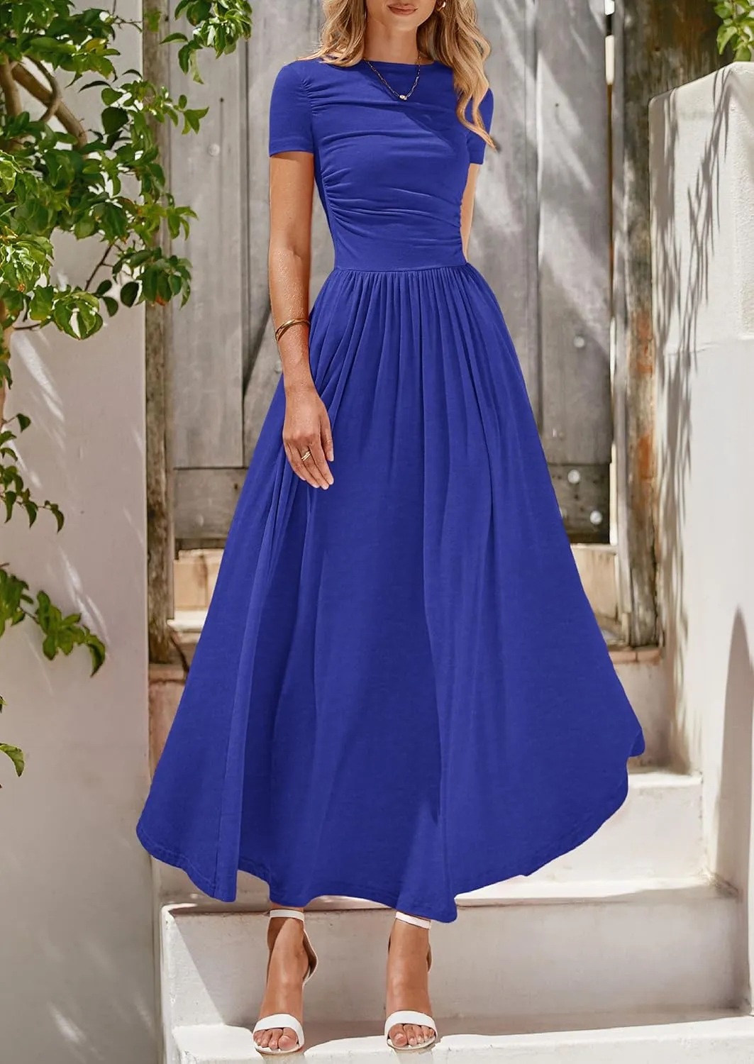 PRETTYGARDEN Women's Casual Dresses 2025 Summer Short Sleeve Ruched Patchwork A Line Pleated Swing Maxi Dress with Pockets