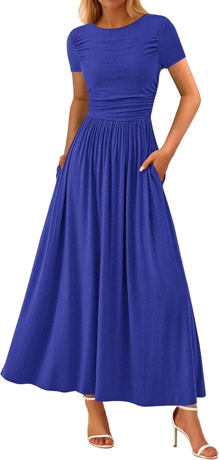 PRETTYGARDEN Women's Casual Dresses 2025 Summer Short Sleeve Ruched Patchwork A Line Pleated Swing Maxi Dress with Pockets