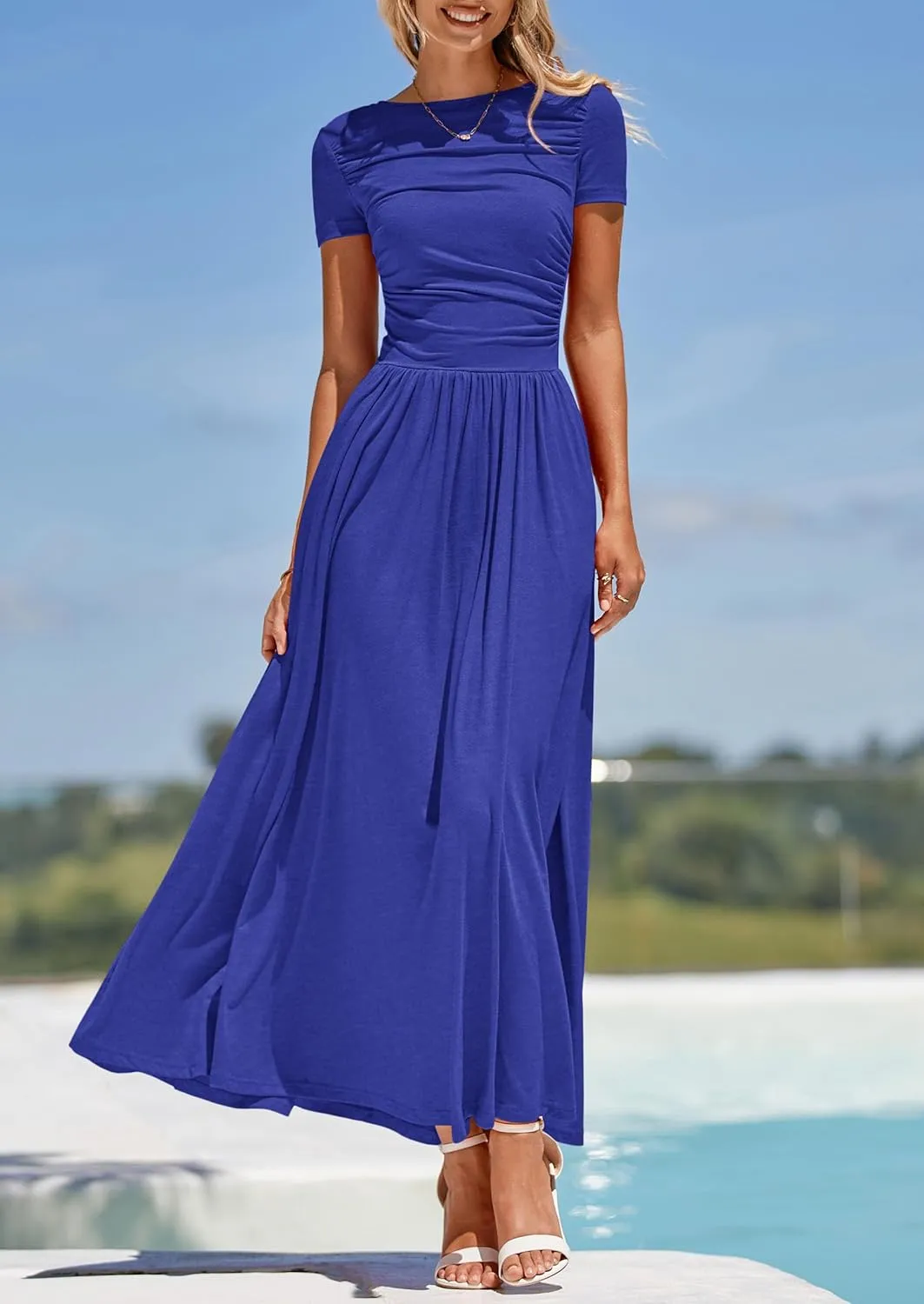 PRETTYGARDEN Women's Casual Dresses 2025 Summer Short Sleeve Ruched Patchwork A Line Pleated Swing Maxi Dress with Pockets