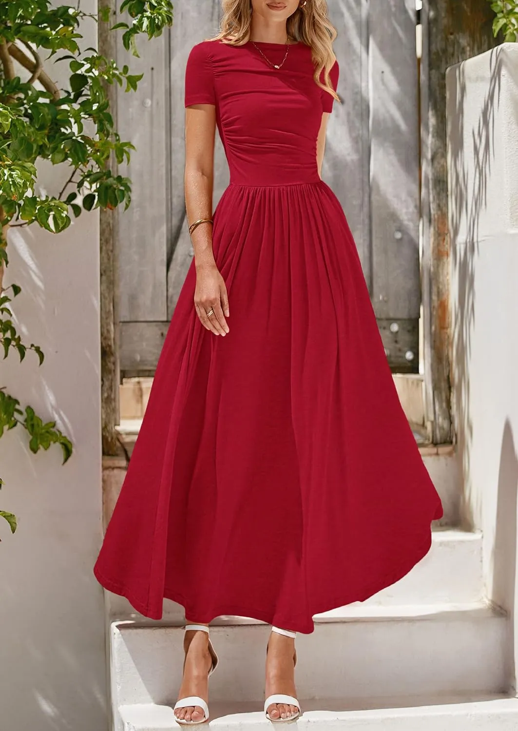PRETTYGARDEN Women's Casual Dresses 2025 Summer Short Sleeve Ruched Patchwork A Line Pleated Swing Maxi Dress with Pockets