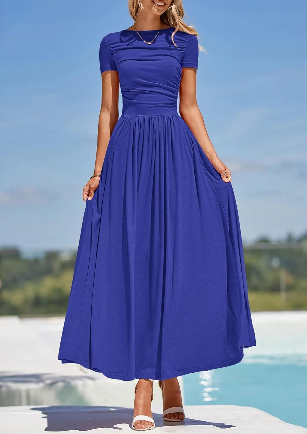 PRETTYGARDEN Women's Casual Dresses 2025 Summer Short Sleeve Ruched Patchwork A Line Pleated Swing Maxi Dress with Pockets