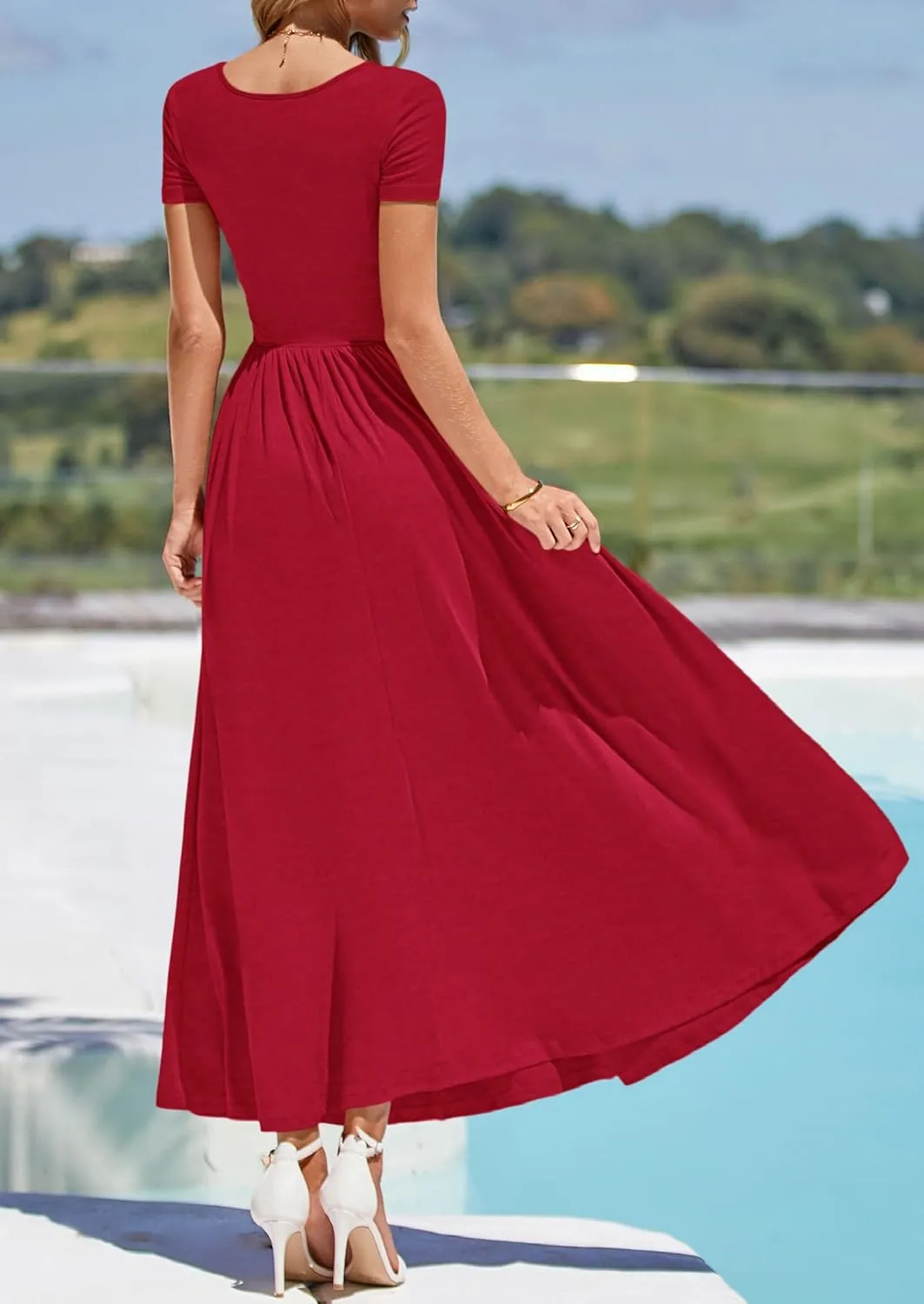 PRETTYGARDEN Women's Casual Dresses 2025 Summer Short Sleeve Ruched Patchwork A Line Pleated Swing Maxi Dress with Pockets
