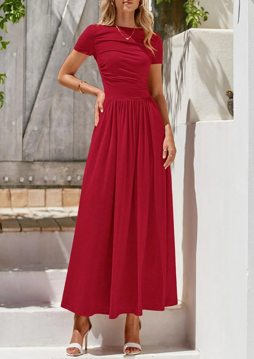 PRETTYGARDEN Women's Casual Dresses 2025 Summer Short Sleeve Ruched Patchwork A Line Pleated Swing Maxi Dress with Pockets