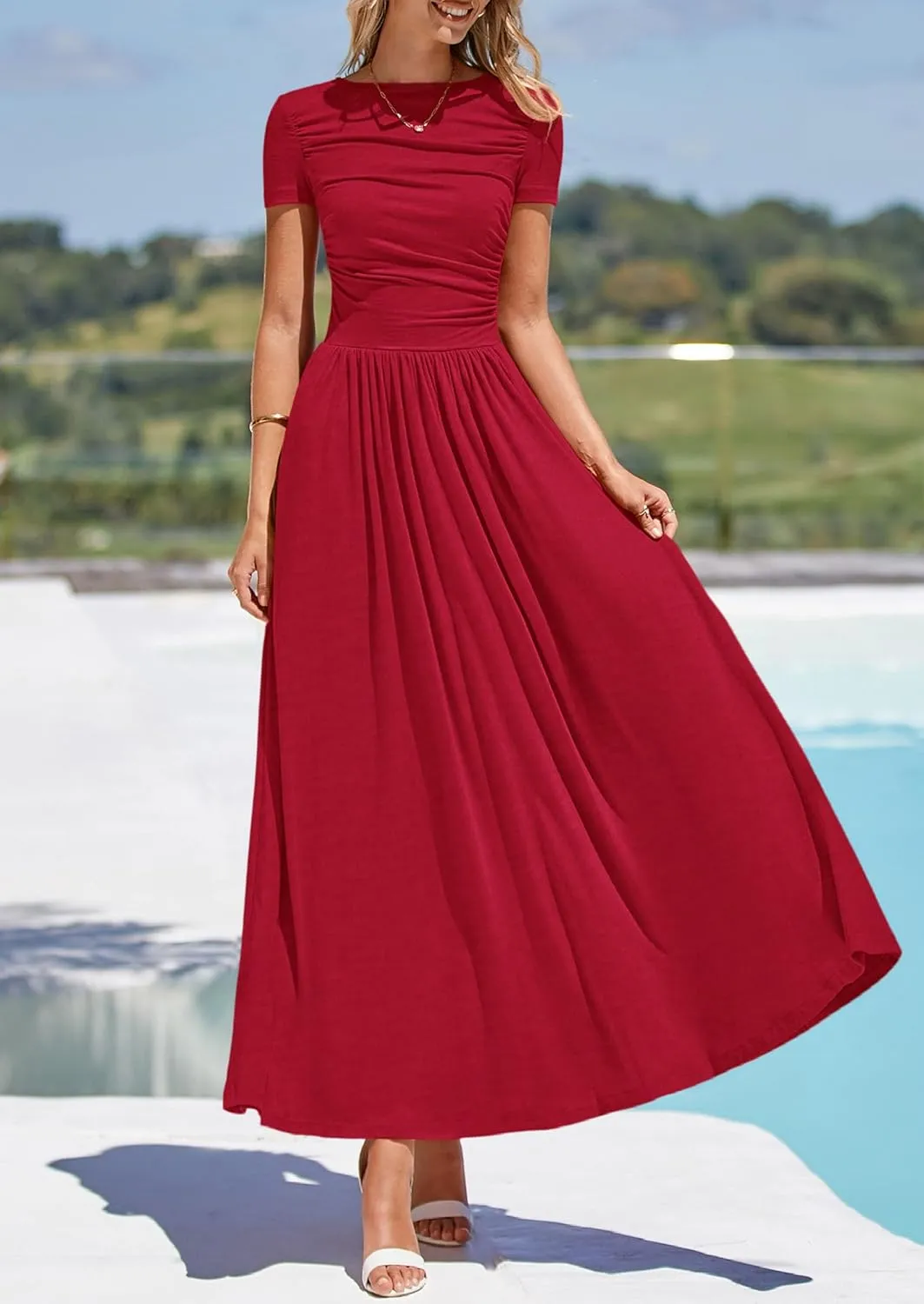 PRETTYGARDEN Women's Casual Dresses 2025 Summer Short Sleeve Ruched Patchwork A Line Pleated Swing Maxi Dress with Pockets