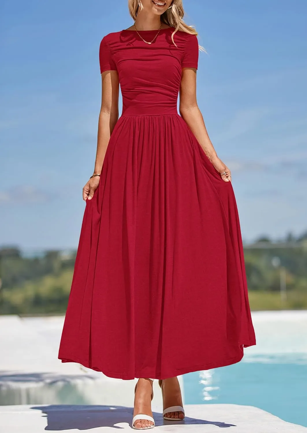 PRETTYGARDEN Women's Casual Dresses 2025 Summer Short Sleeve Ruched Patchwork A Line Pleated Swing Maxi Dress with Pockets