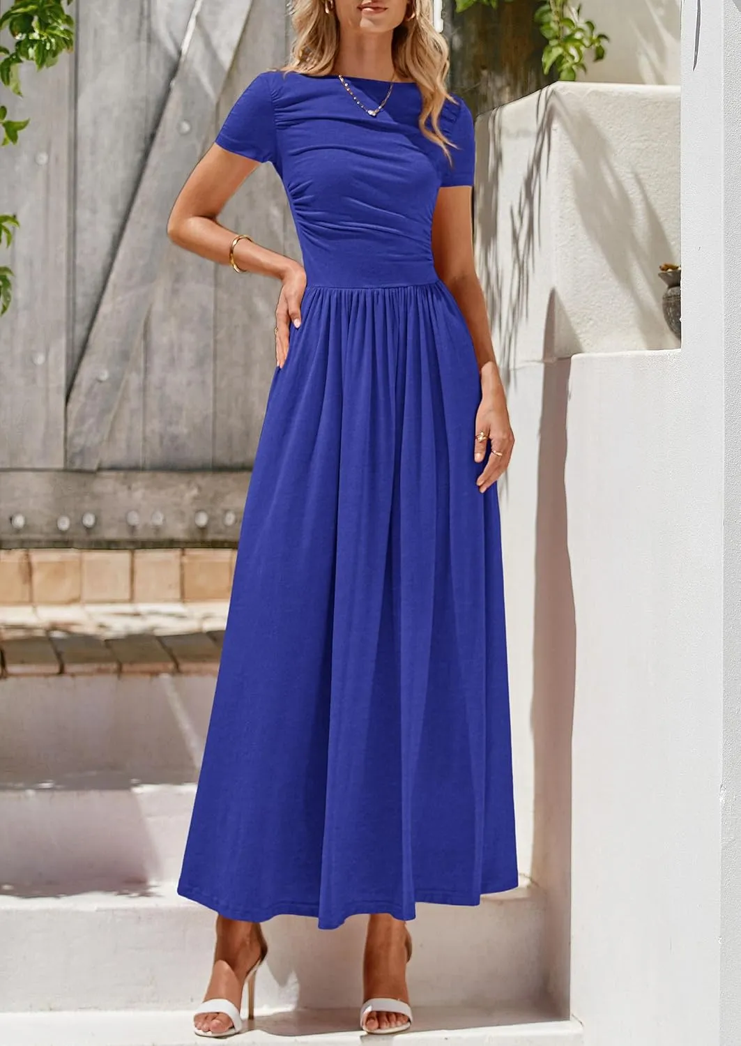 PRETTYGARDEN Women's Casual Dresses 2025 Summer Short Sleeve Ruched Patchwork A Line Pleated Swing Maxi Dress with Pockets