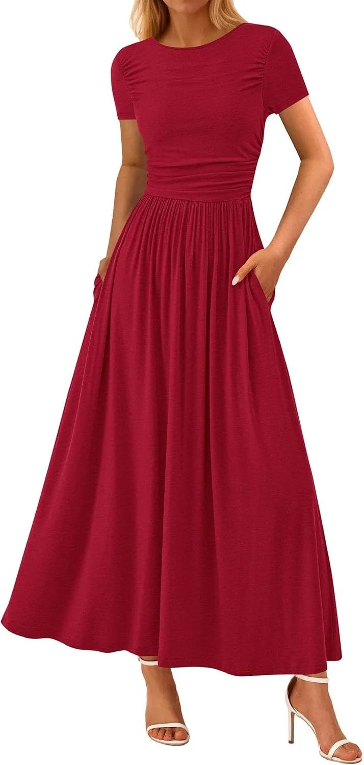 PRETTYGARDEN Women's Casual Dresses 2025 Summer Short Sleeve Ruched Patchwork A Line Pleated Swing Maxi Dress with Pockets