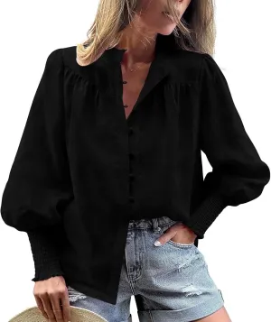 PRETTYGARDEN Womens Spring Long Sleeve Tops Dressy Casual Button Down Smocked Cuffed Office Business Work Blouses Shirts