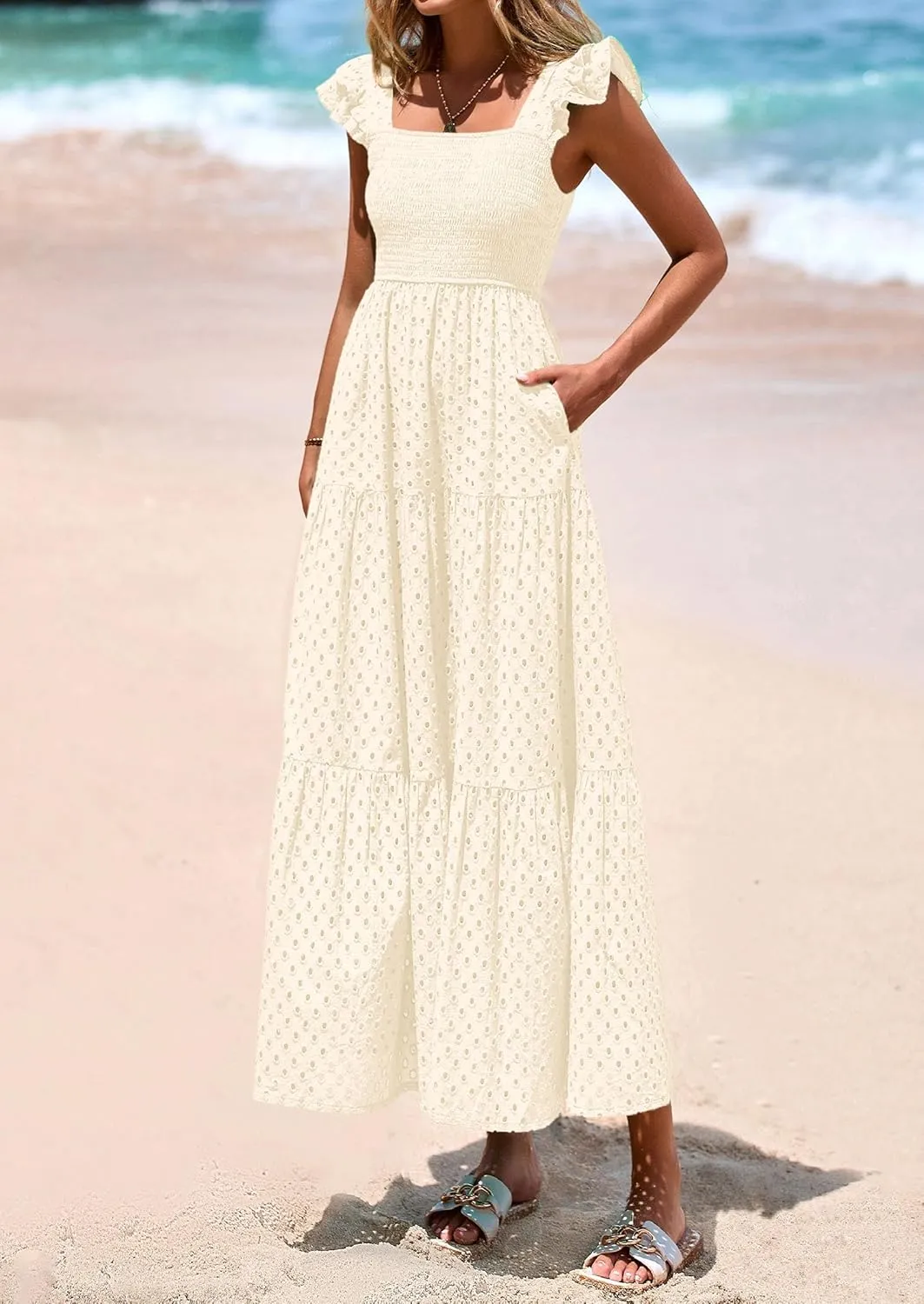 PRETTYGARDEN Womens Summer Square Neck Maxi Dresses Cap Sleeve Eyelet Smocked Tiered A Line Flowy Long Dress with Pockets