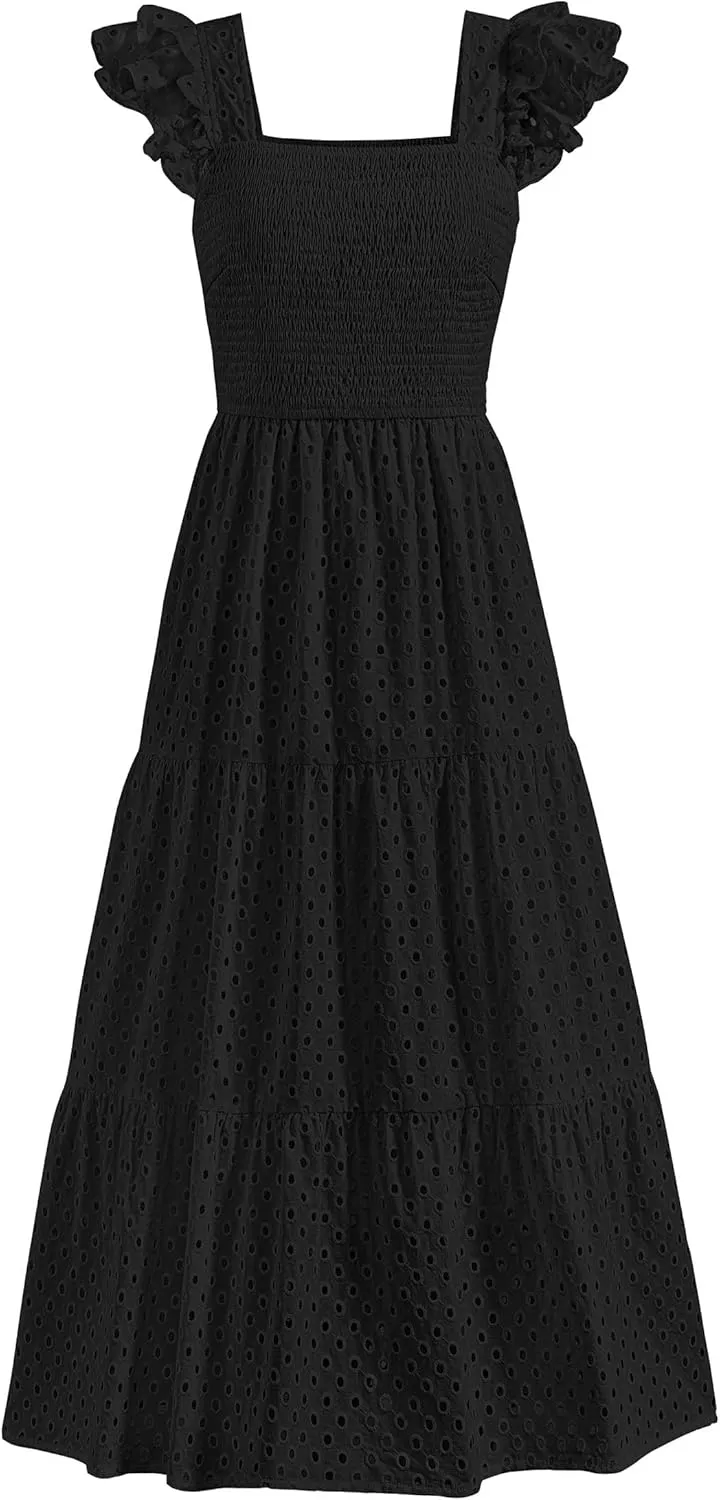PRETTYGARDEN Womens Summer Square Neck Maxi Dresses Cap Sleeve Eyelet Smocked Tiered A Line Flowy Long Dress with Pockets