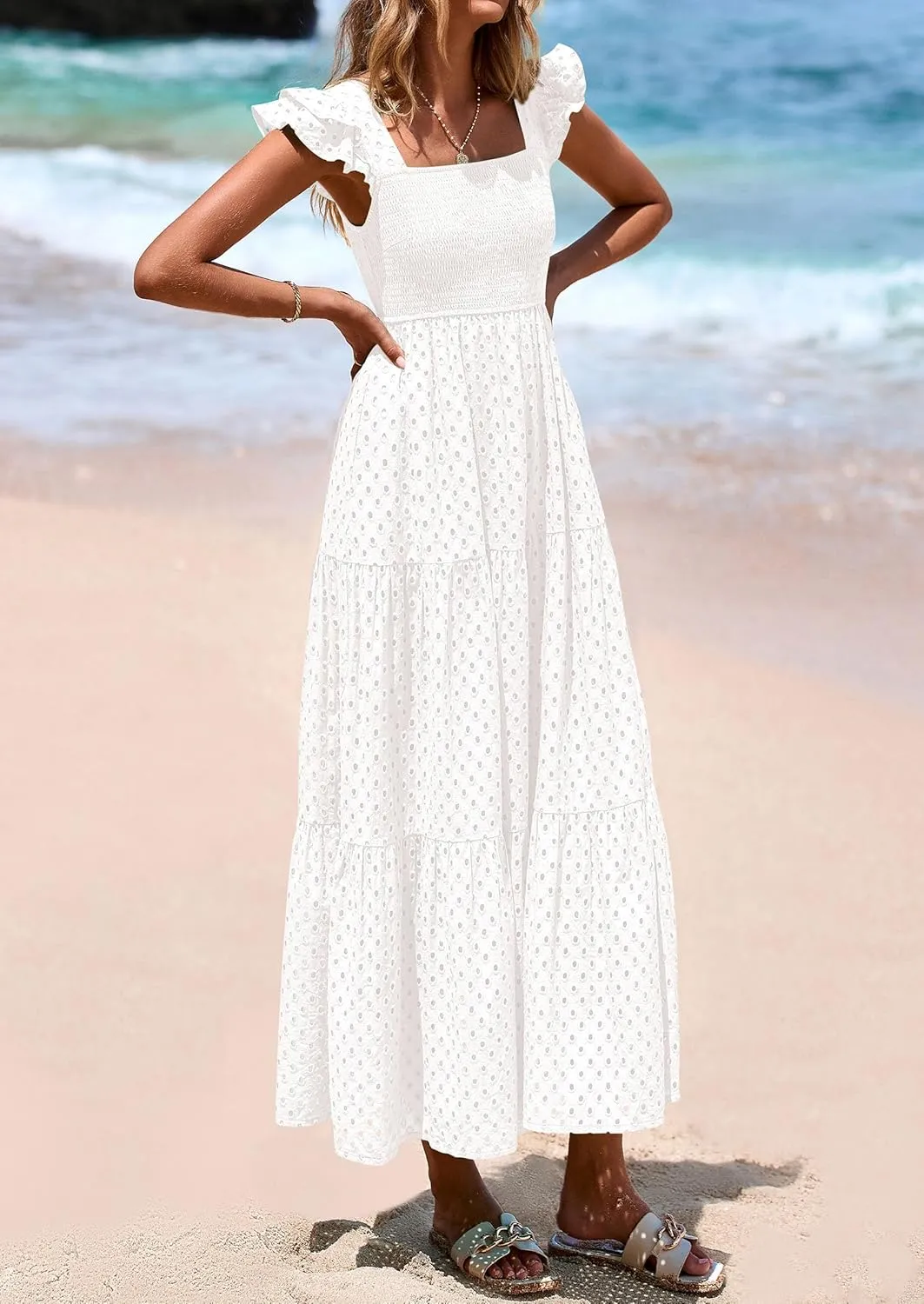 PRETTYGARDEN Womens Summer Square Neck Maxi Dresses Cap Sleeve Eyelet Smocked Tiered A Line Flowy Long Dress with Pockets
