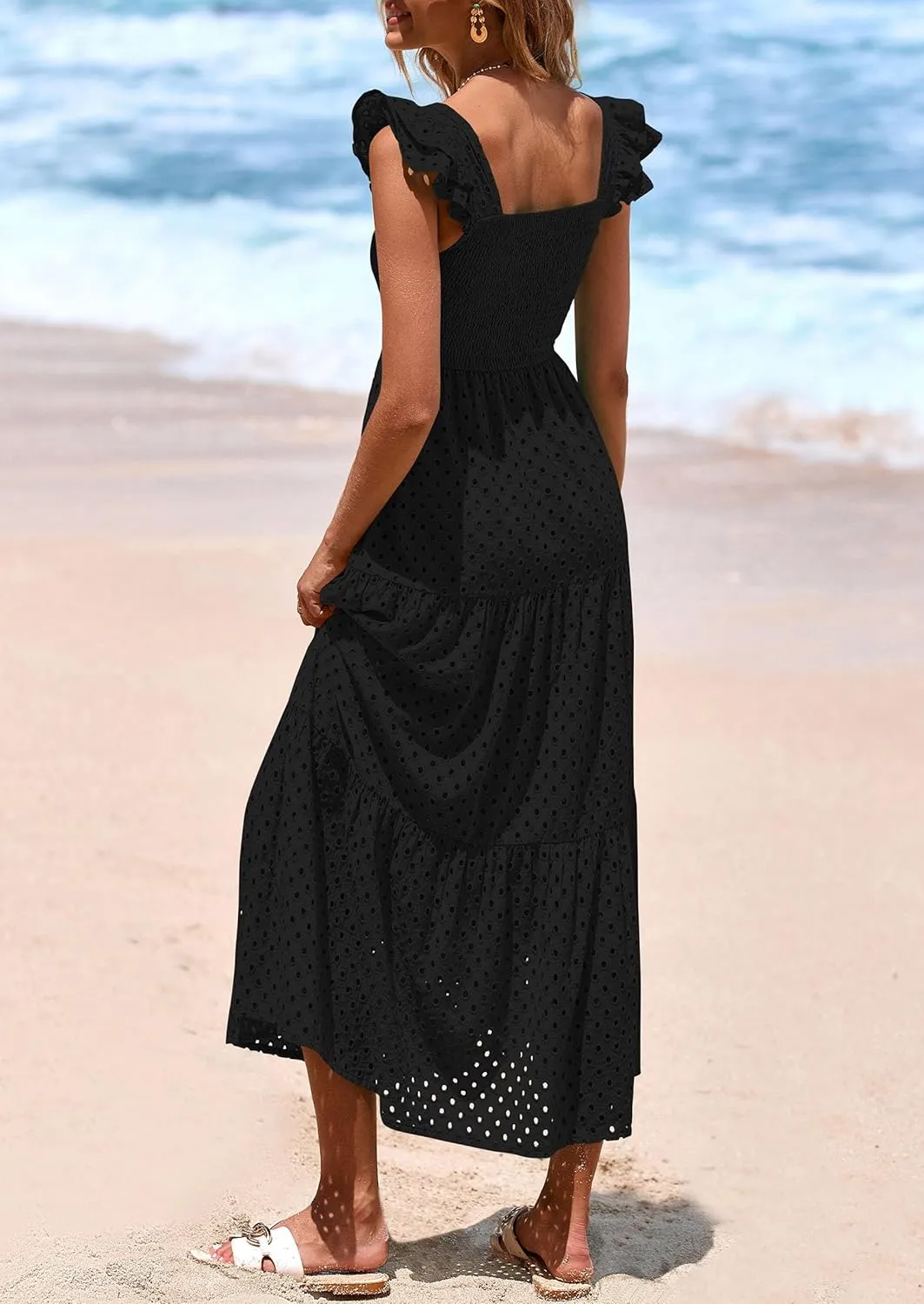 PRETTYGARDEN Womens Summer Square Neck Maxi Dresses Cap Sleeve Eyelet Smocked Tiered A Line Flowy Long Dress with Pockets