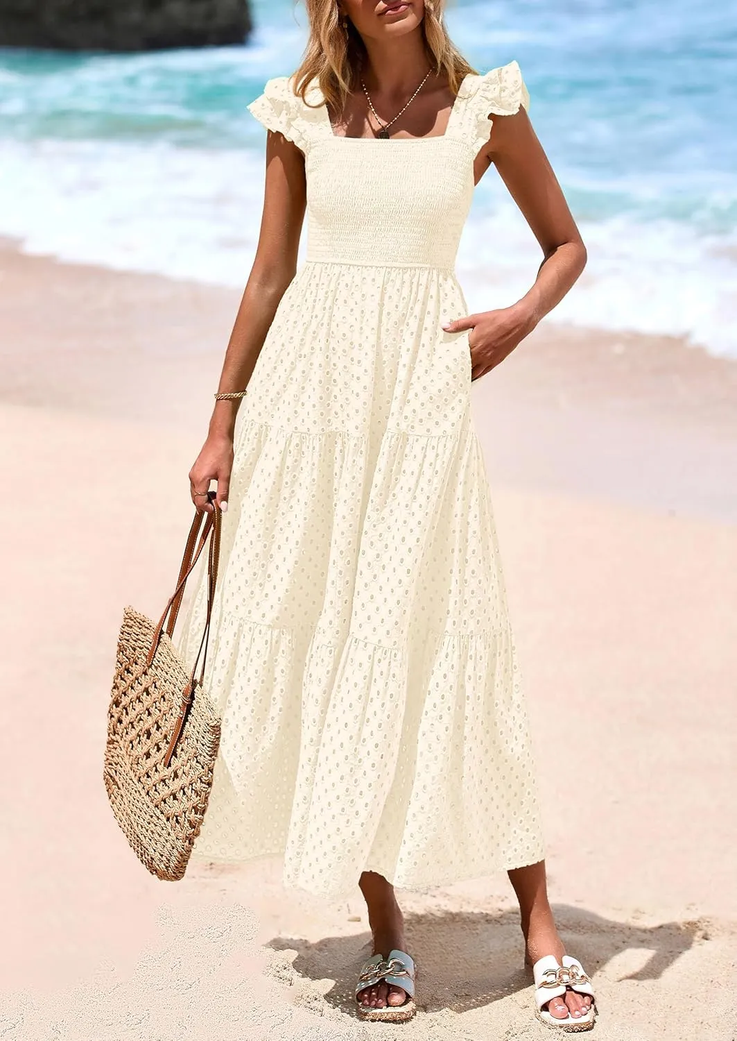 PRETTYGARDEN Womens Summer Square Neck Maxi Dresses Cap Sleeve Eyelet Smocked Tiered A Line Flowy Long Dress with Pockets