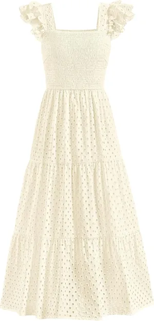 PRETTYGARDEN Womens Summer Square Neck Maxi Dresses Cap Sleeve Eyelet Smocked Tiered A Line Flowy Long Dress with Pockets
