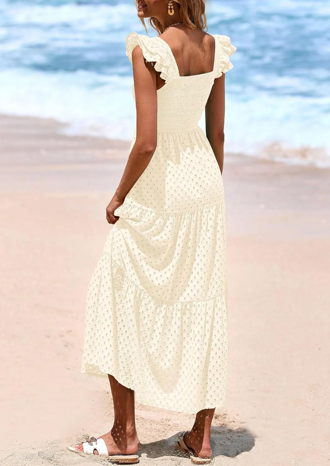 PRETTYGARDEN Womens Summer Square Neck Maxi Dresses Cap Sleeve Eyelet Smocked Tiered A Line Flowy Long Dress with Pockets