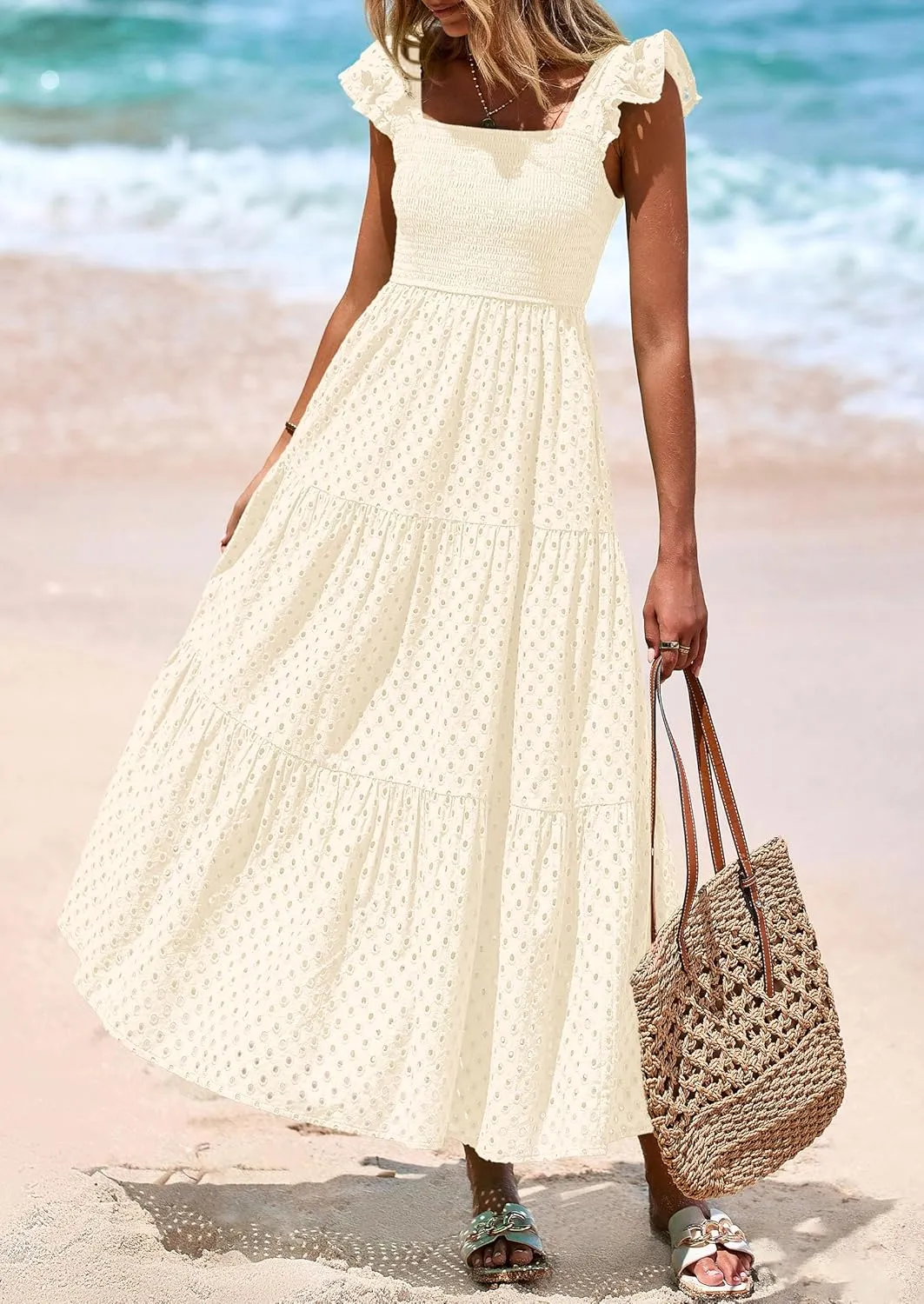PRETTYGARDEN Womens Summer Square Neck Maxi Dresses Cap Sleeve Eyelet Smocked Tiered A Line Flowy Long Dress with Pockets