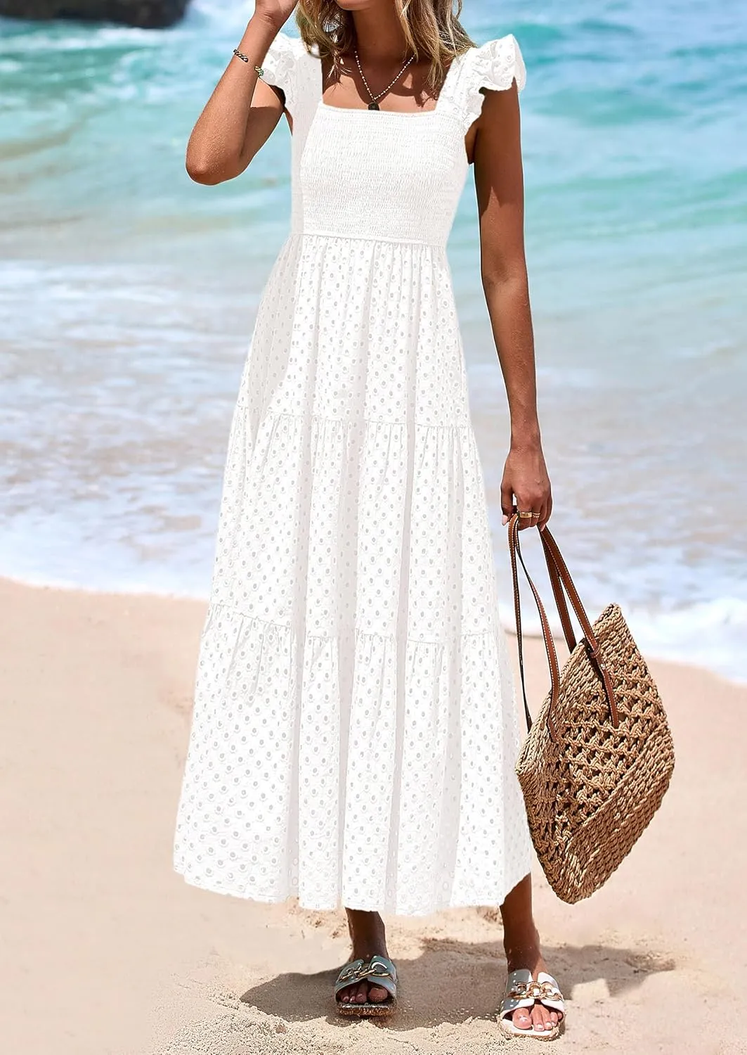 PRETTYGARDEN Womens Summer Square Neck Maxi Dresses Cap Sleeve Eyelet Smocked Tiered A Line Flowy Long Dress with Pockets