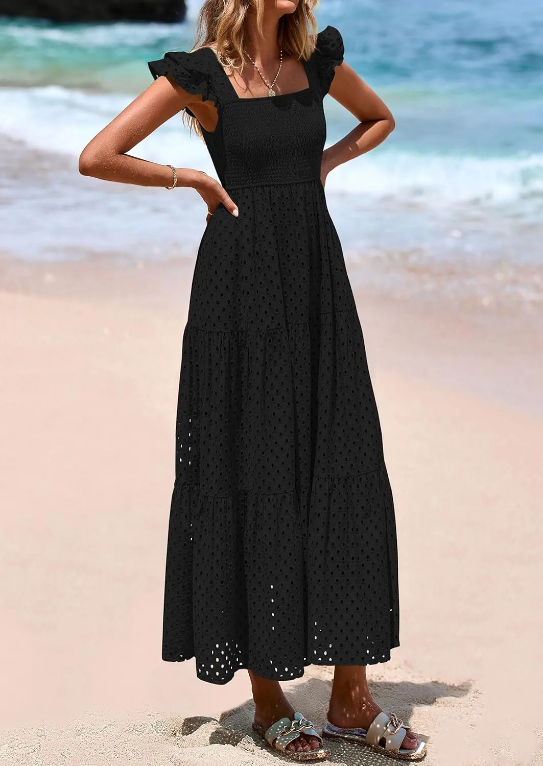 PRETTYGARDEN Womens Summer Square Neck Maxi Dresses Cap Sleeve Eyelet Smocked Tiered A Line Flowy Long Dress with Pockets
