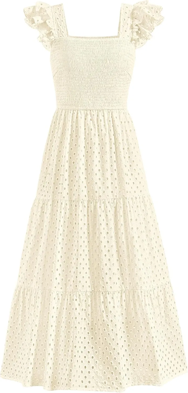 PRETTYGARDEN Womens Summer Square Neck Maxi Dresses Cap Sleeve Eyelet Smocked Tiered A Line Flowy Long Dress with Pockets