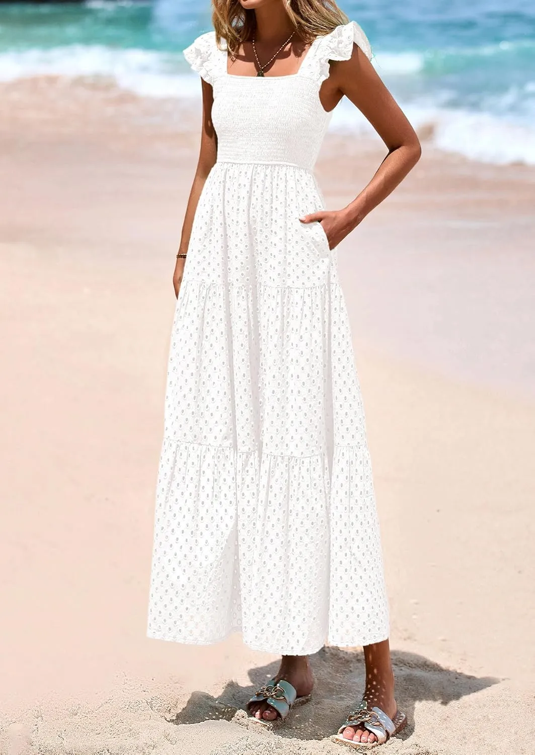 PRETTYGARDEN Womens Summer Square Neck Maxi Dresses Cap Sleeve Eyelet Smocked Tiered A Line Flowy Long Dress with Pockets