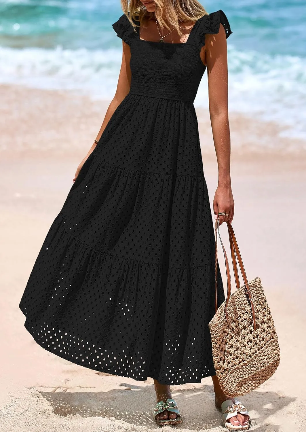 PRETTYGARDEN Womens Summer Square Neck Maxi Dresses Cap Sleeve Eyelet Smocked Tiered A Line Flowy Long Dress with Pockets