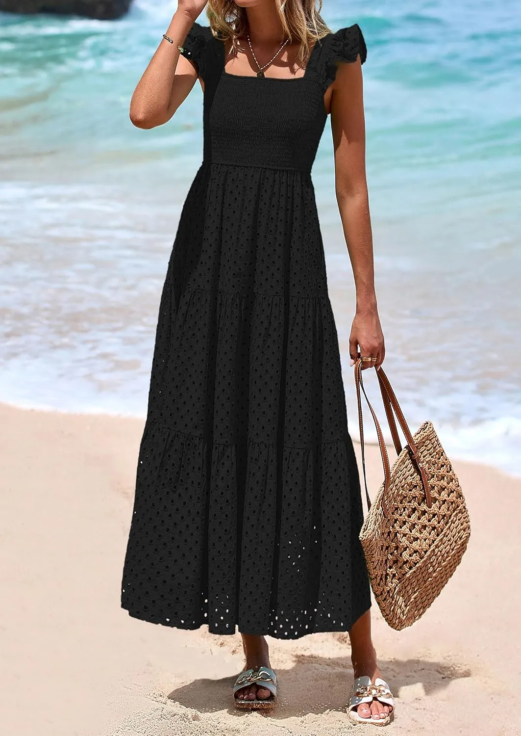 PRETTYGARDEN Womens Summer Square Neck Maxi Dresses Cap Sleeve Eyelet Smocked Tiered A Line Flowy Long Dress with Pockets