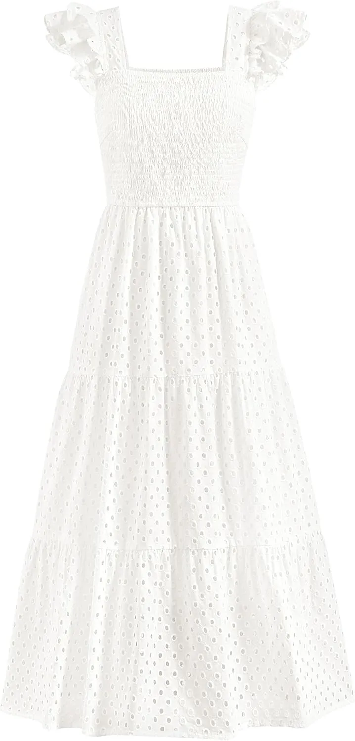 PRETTYGARDEN Womens Summer Square Neck Maxi Dresses Cap Sleeve Eyelet Smocked Tiered A Line Flowy Long Dress with Pockets