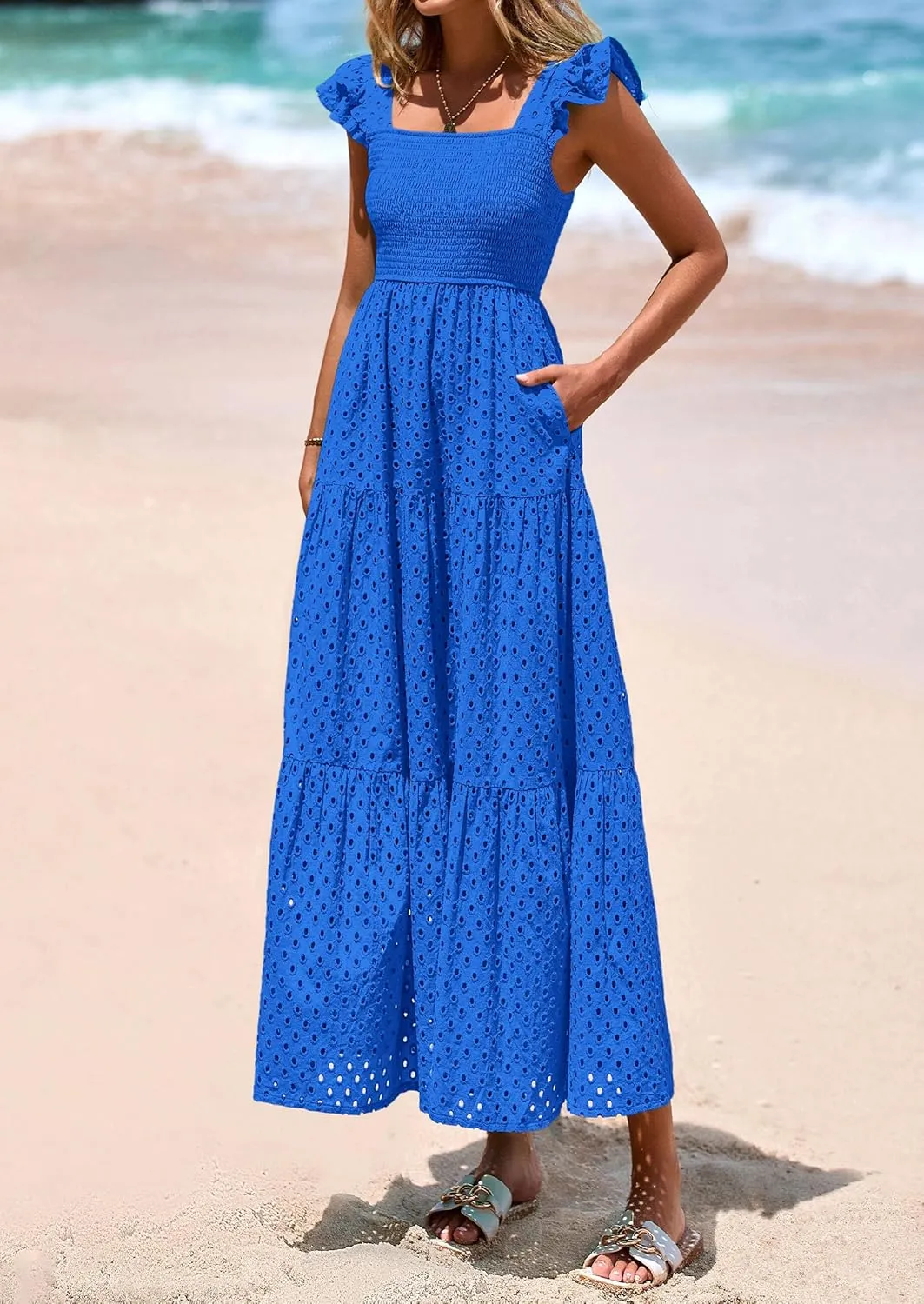 PRETTYGARDEN Womens Summer Square Neck Maxi Dresses Cap Sleeve Eyelet Smocked Tiered A Line Flowy Long Dress with Pockets