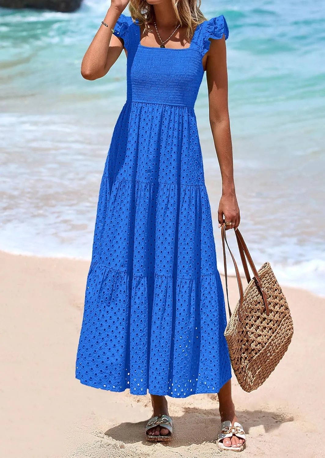 PRETTYGARDEN Womens Summer Square Neck Maxi Dresses Cap Sleeve Eyelet Smocked Tiered A Line Flowy Long Dress with Pockets
