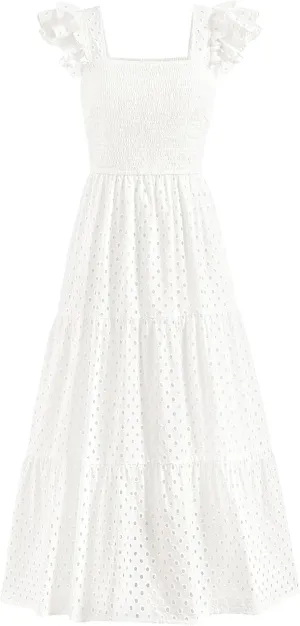 PRETTYGARDEN Womens Summer Square Neck Maxi Dresses Cap Sleeve Eyelet Smocked Tiered A Line Flowy Long Dress with Pockets