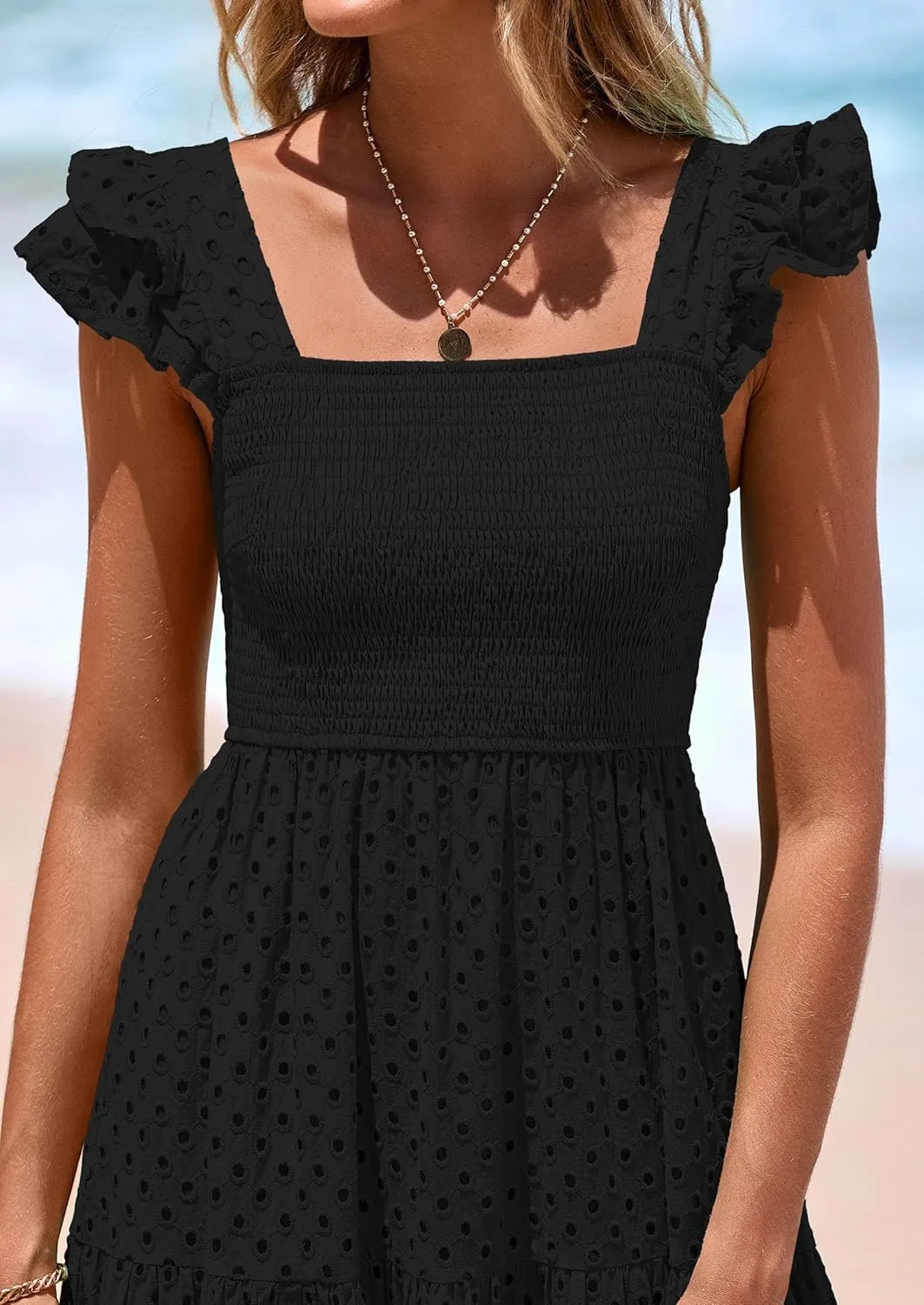 PRETTYGARDEN Womens Summer Square Neck Maxi Dresses Cap Sleeve Eyelet Smocked Tiered A Line Flowy Long Dress with Pockets