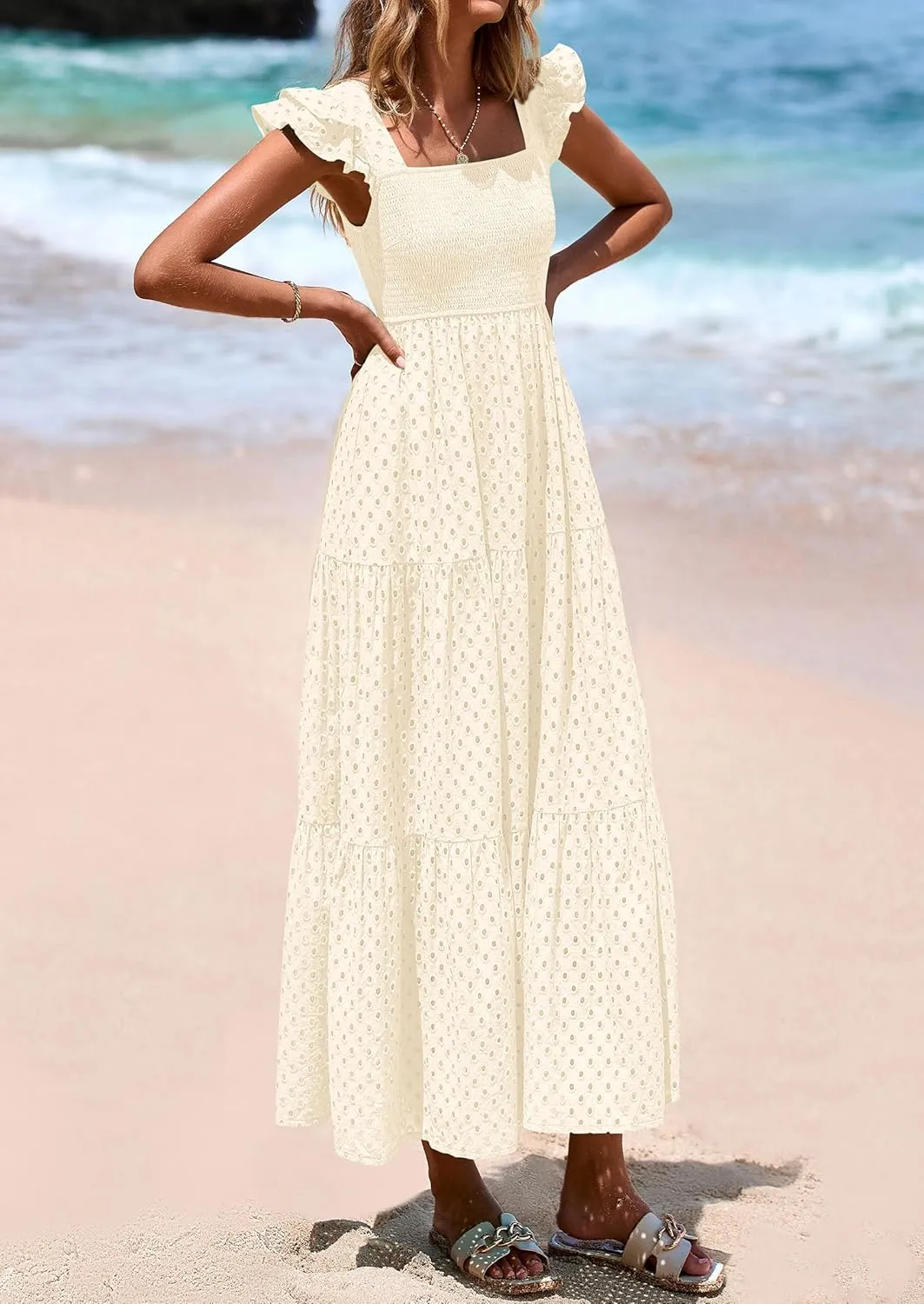PRETTYGARDEN Womens Summer Square Neck Maxi Dresses Cap Sleeve Eyelet Smocked Tiered A Line Flowy Long Dress with Pockets
