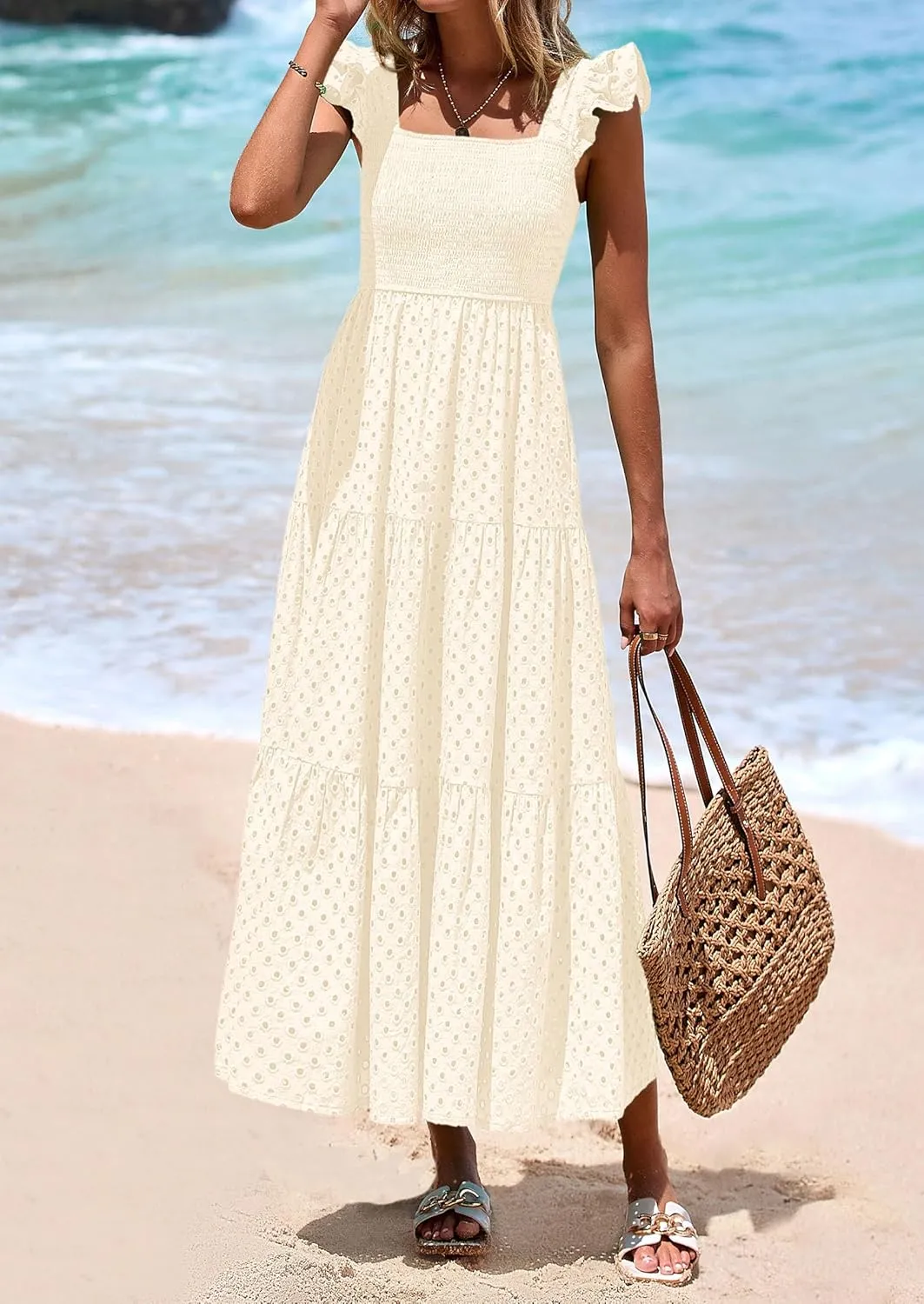 PRETTYGARDEN Womens Summer Square Neck Maxi Dresses Cap Sleeve Eyelet Smocked Tiered A Line Flowy Long Dress with Pockets