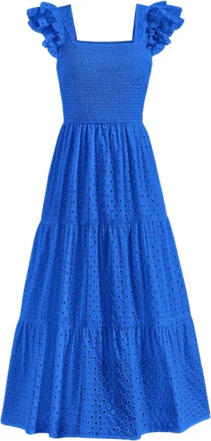 PRETTYGARDEN Womens Summer Square Neck Maxi Dresses Cap Sleeve Eyelet Smocked Tiered A Line Flowy Long Dress with Pockets