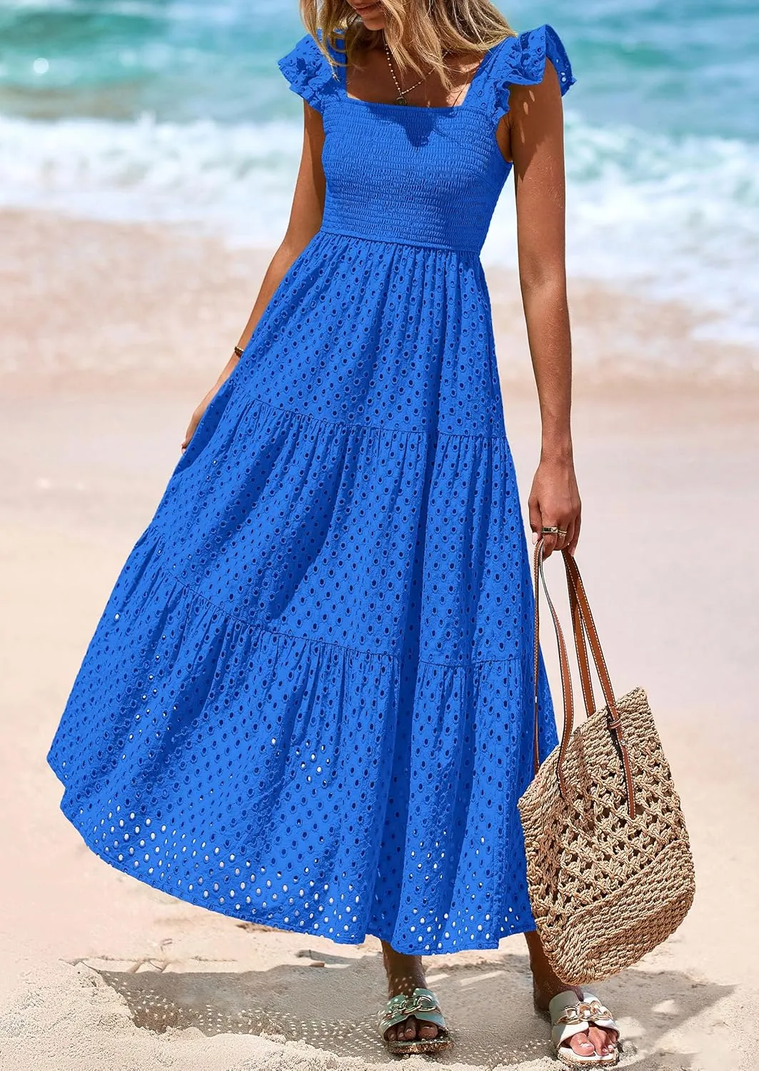 PRETTYGARDEN Womens Summer Square Neck Maxi Dresses Cap Sleeve Eyelet Smocked Tiered A Line Flowy Long Dress with Pockets