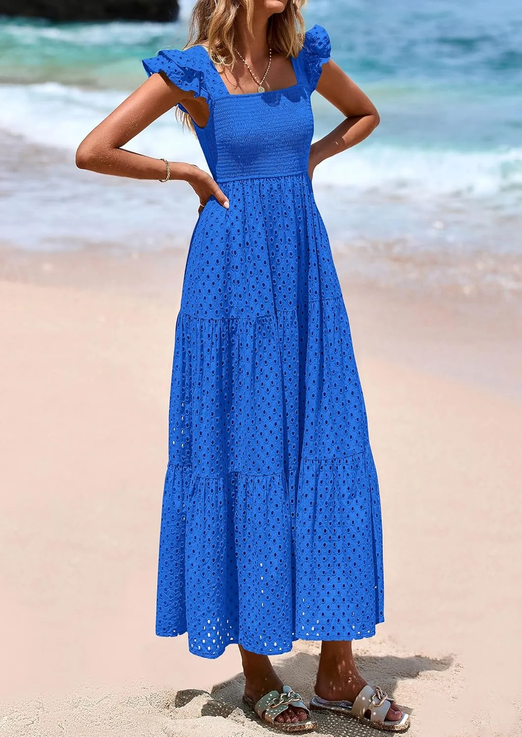 PRETTYGARDEN Womens Summer Square Neck Maxi Dresses Cap Sleeve Eyelet Smocked Tiered A Line Flowy Long Dress with Pockets