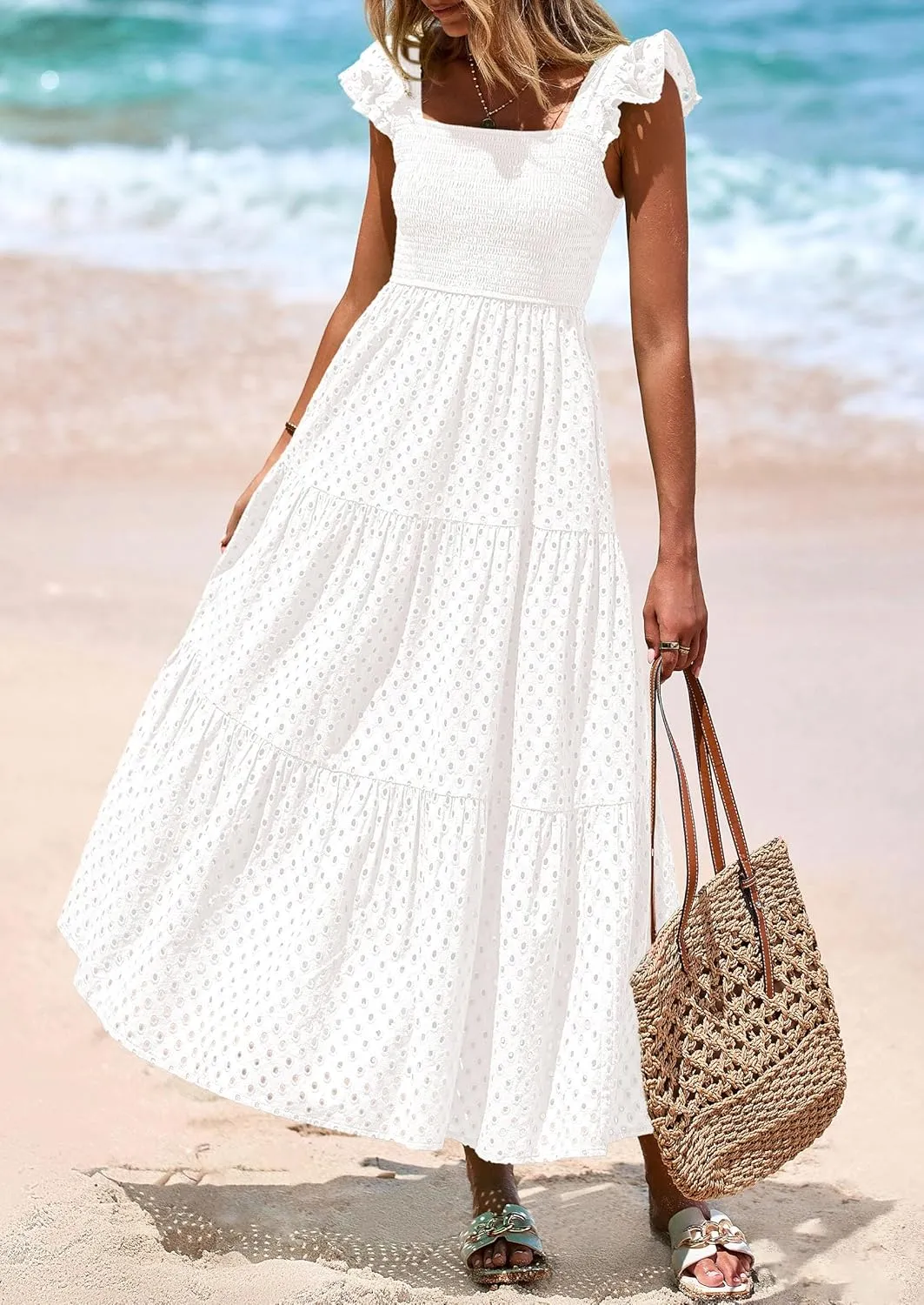 PRETTYGARDEN Womens Summer Square Neck Maxi Dresses Cap Sleeve Eyelet Smocked Tiered A Line Flowy Long Dress with Pockets