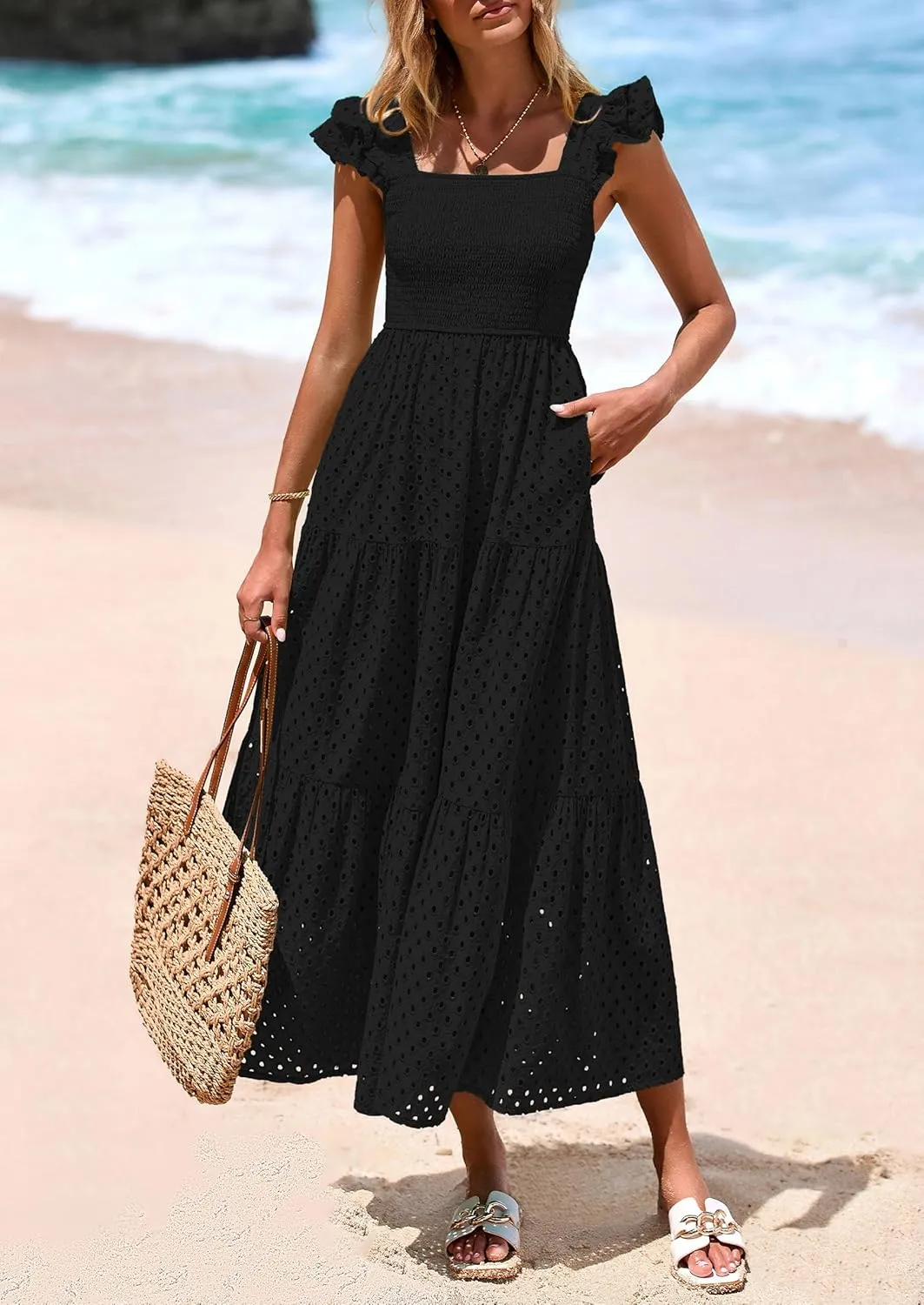 PRETTYGARDEN Womens Summer Square Neck Maxi Dresses Cap Sleeve Eyelet Smocked Tiered A Line Flowy Long Dress with Pockets