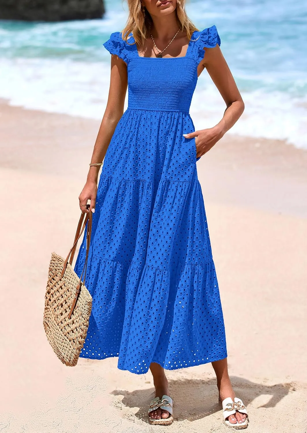 PRETTYGARDEN Womens Summer Square Neck Maxi Dresses Cap Sleeve Eyelet Smocked Tiered A Line Flowy Long Dress with Pockets