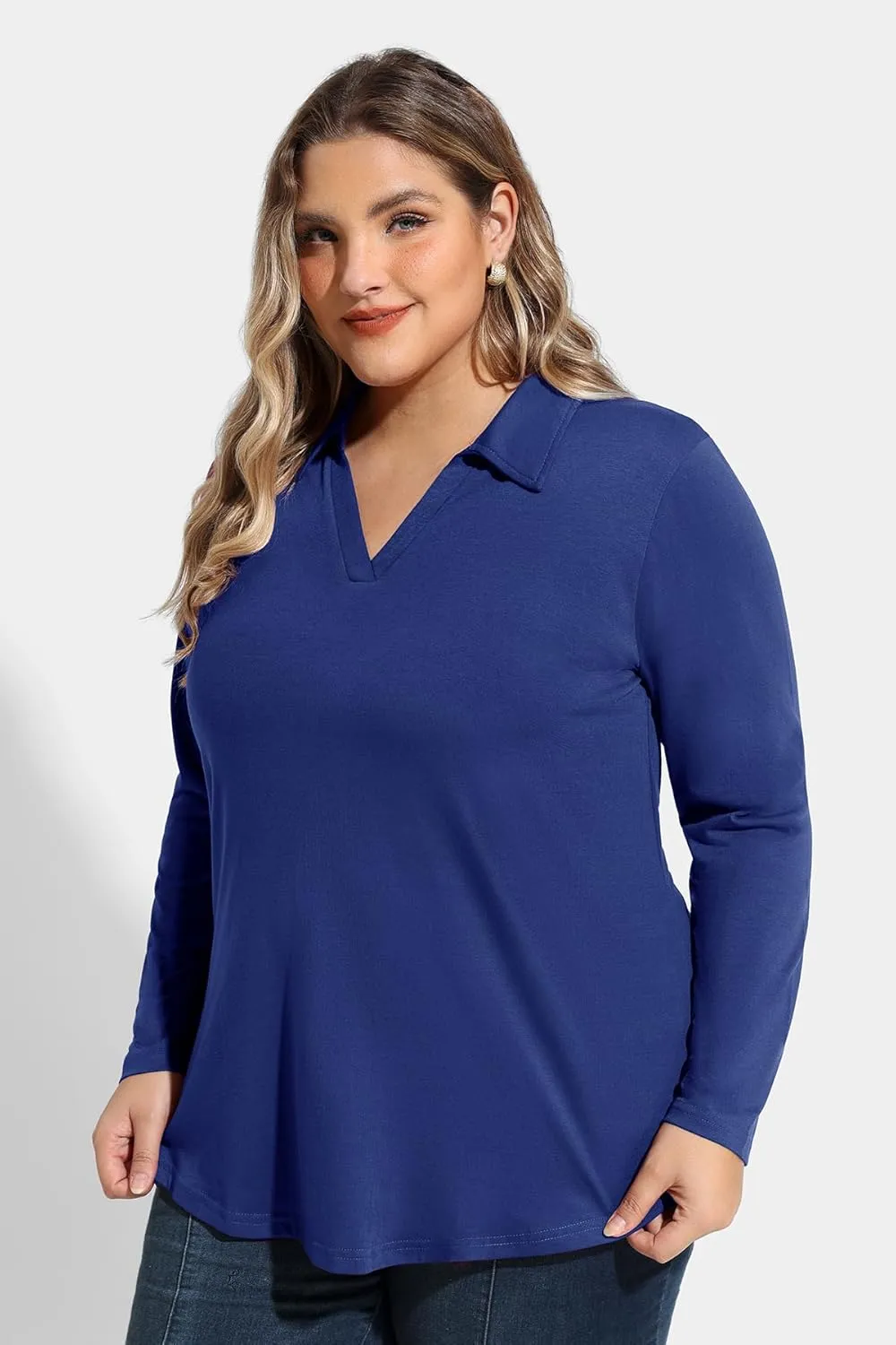 RITERA Plus Size Polo Shirts for Women Fall Long Sleeve V Neck Tops Casual Collared Blouses XL-5XL