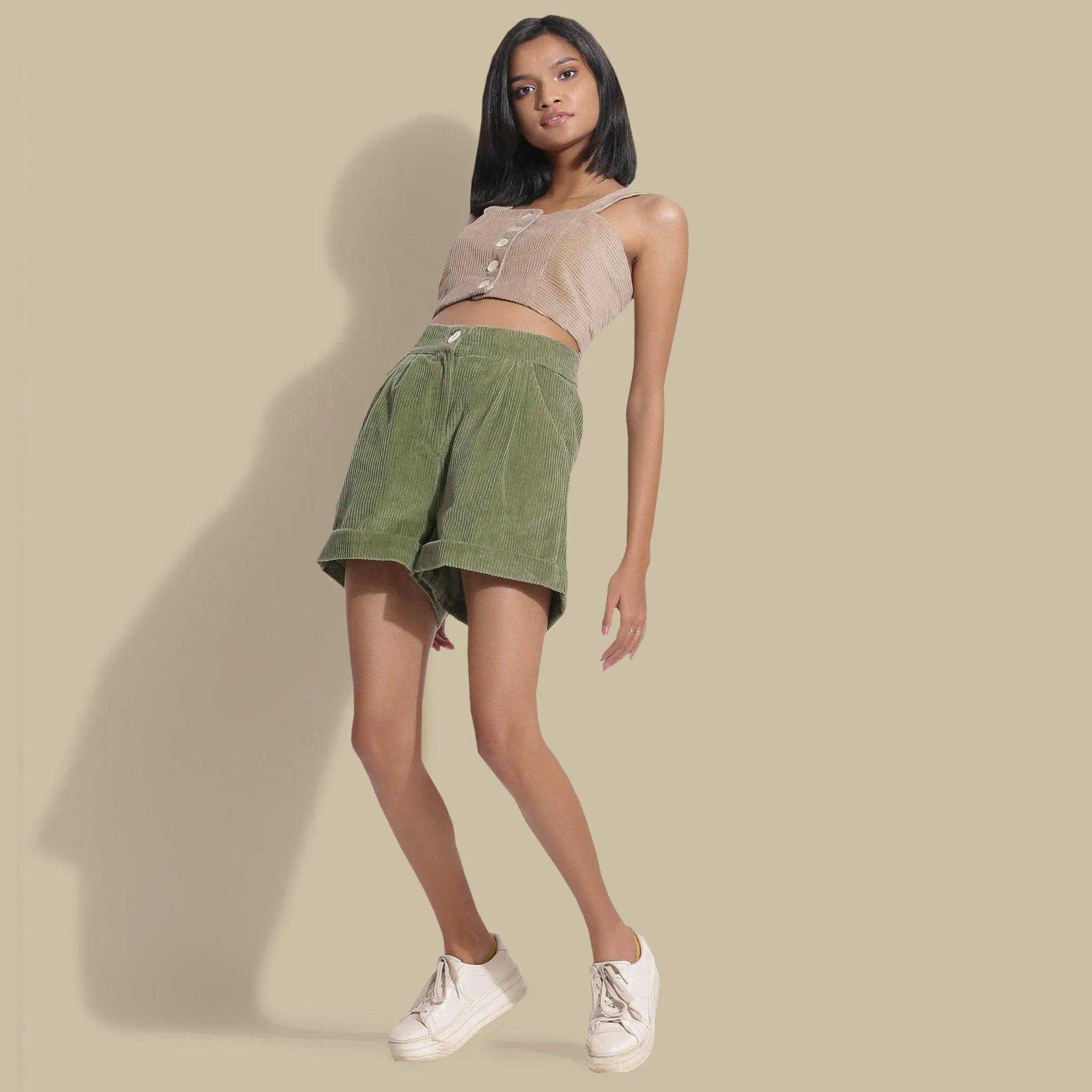Sage Green Warm Cotton Corduroy Baggy Shorts