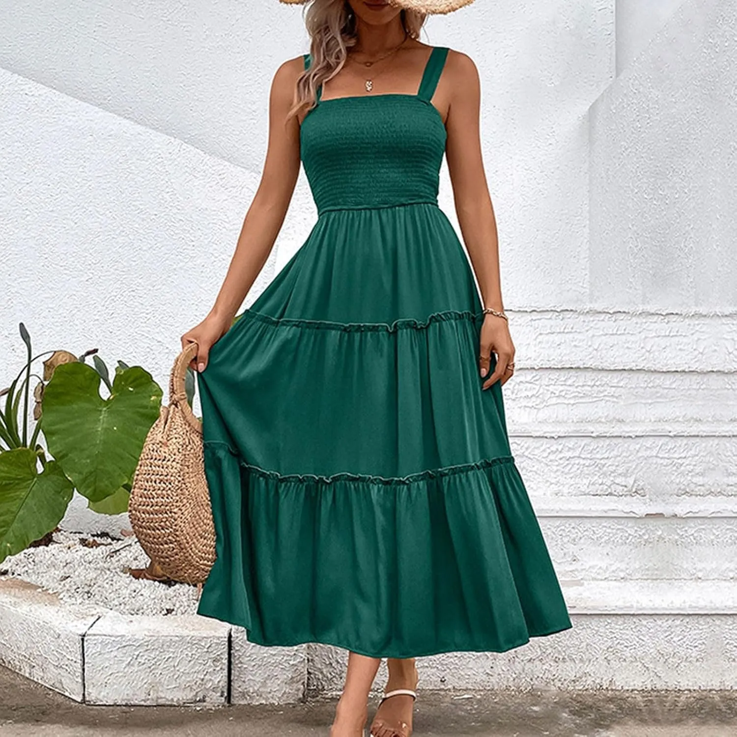 Summer Dresses for Women 2024 Casual Solid Color Maxi Sun Dress Sexy Slip Dress Trendy Summer Vacation Outfits