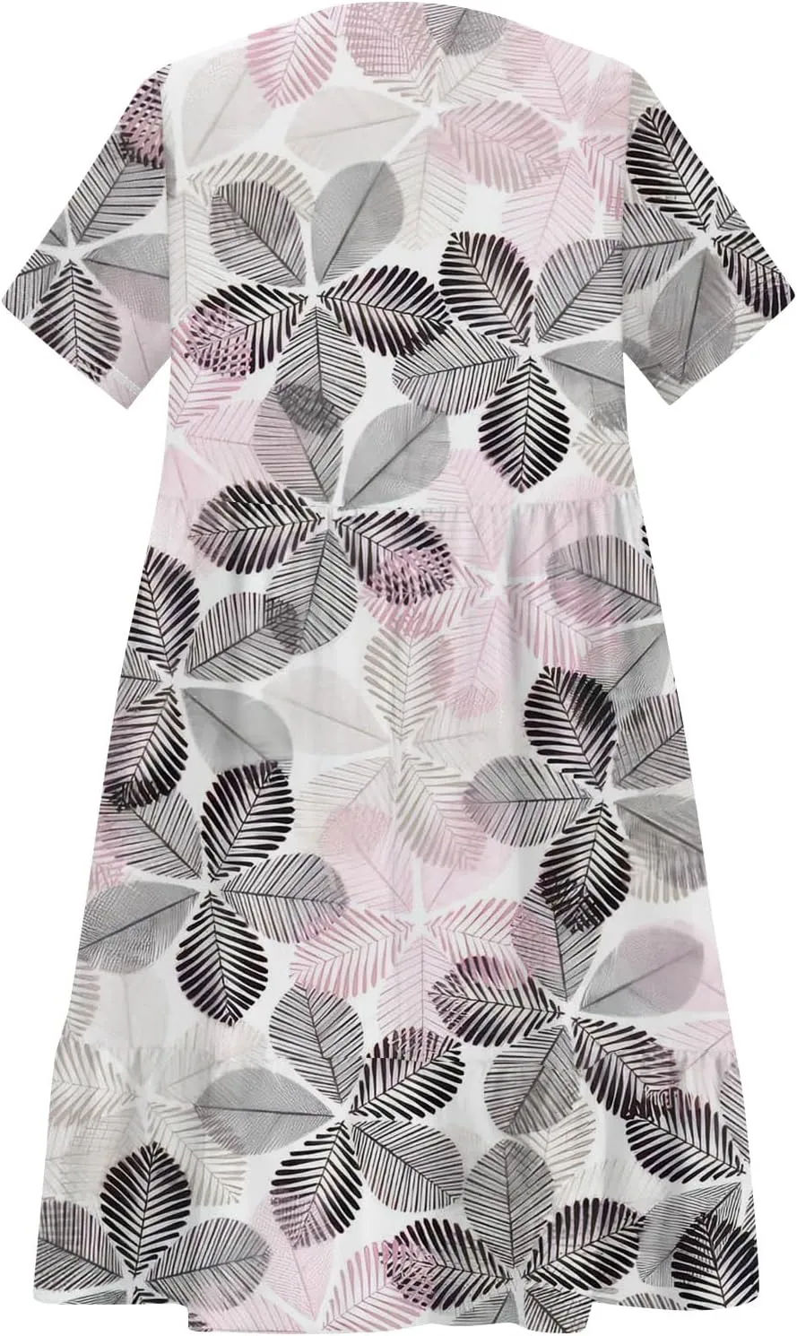 Summer Dresses for Women 2025 V Neck Short Sleeve Boho Floral Printed Midi Dress Casual Sundress with Pockets