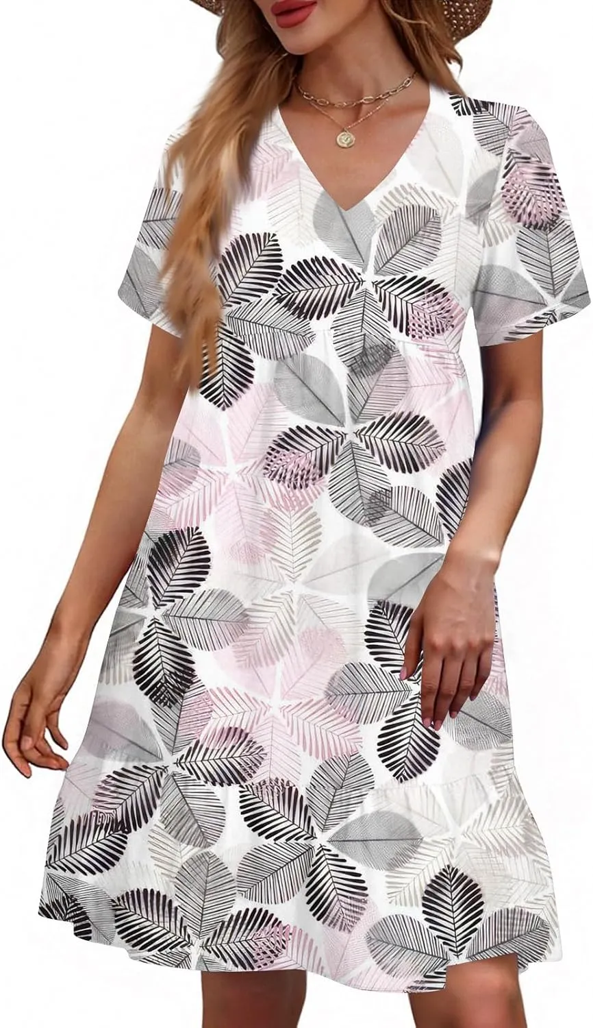 Summer Dresses for Women 2025 V Neck Short Sleeve Boho Floral Printed Midi Dress Casual Sundress with Pockets