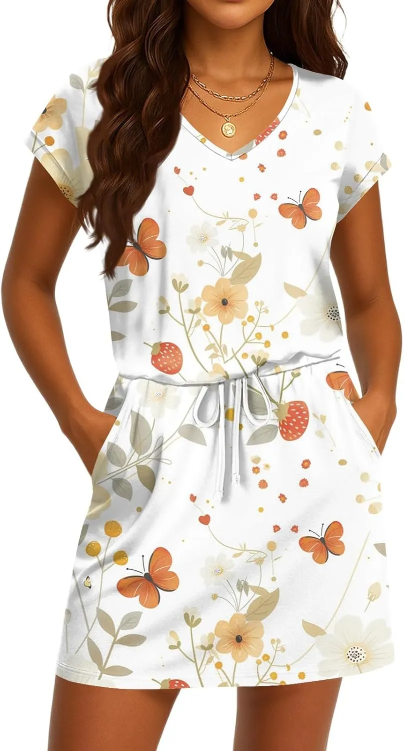 Summer T Shirt Dresses for Women 2025 V Neck Short Sleeve A Line Mini Dresses with Pockets Tie Waist Casual Sundresses