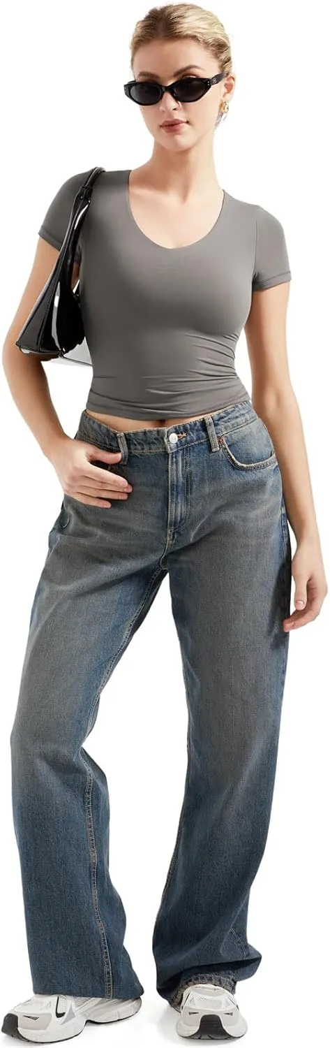 SUUKSESS Women Double Lined Fitted Basic Tee Sexy V Neck Short Sleeve Y2K Crop Top